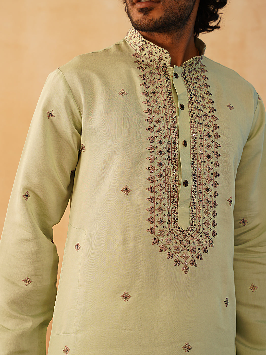 Men's Sequins Embroidered Kurta With Pyjama ( JOKP P 5046Pista )