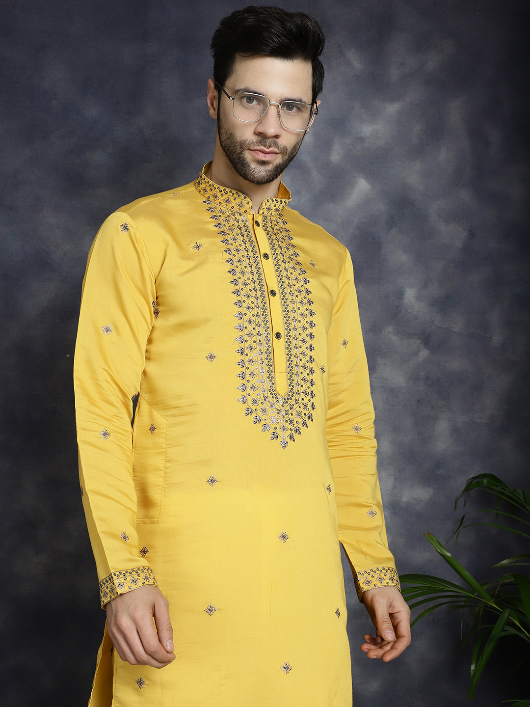 Men's Sequins Embroidered Kurta With Pyjama ( JOKP P 5046Yellow ) [FF] [F-7-9]