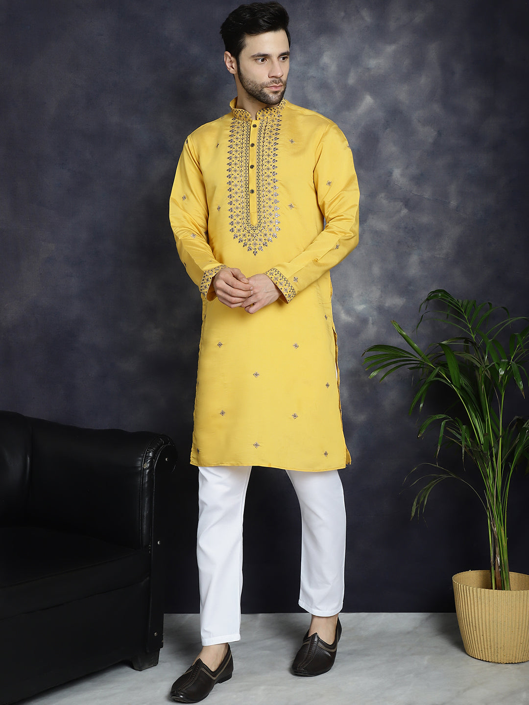 Men's Sequins Embroidered Kurta With Pyjama ( JOKP P 5046Yellow ) [FF] [F-7-9]