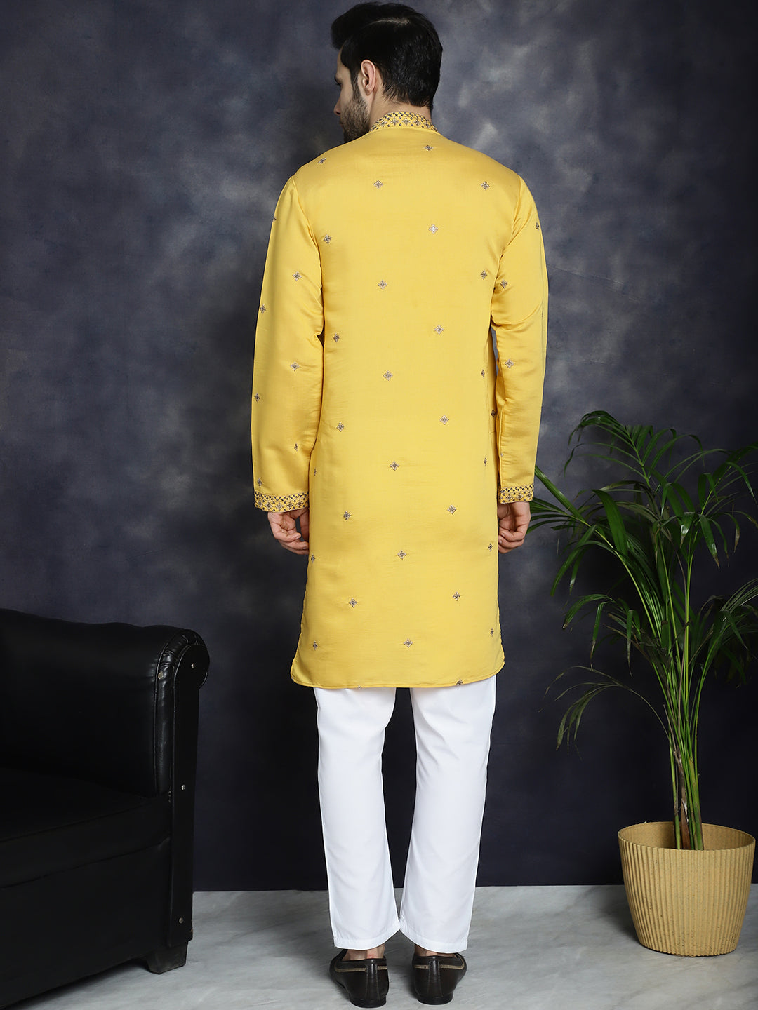 Men's Sequins Embroidered Kurta With Pyjama ( JOKP P 5046Yellow ) [FF] [F-7-9]