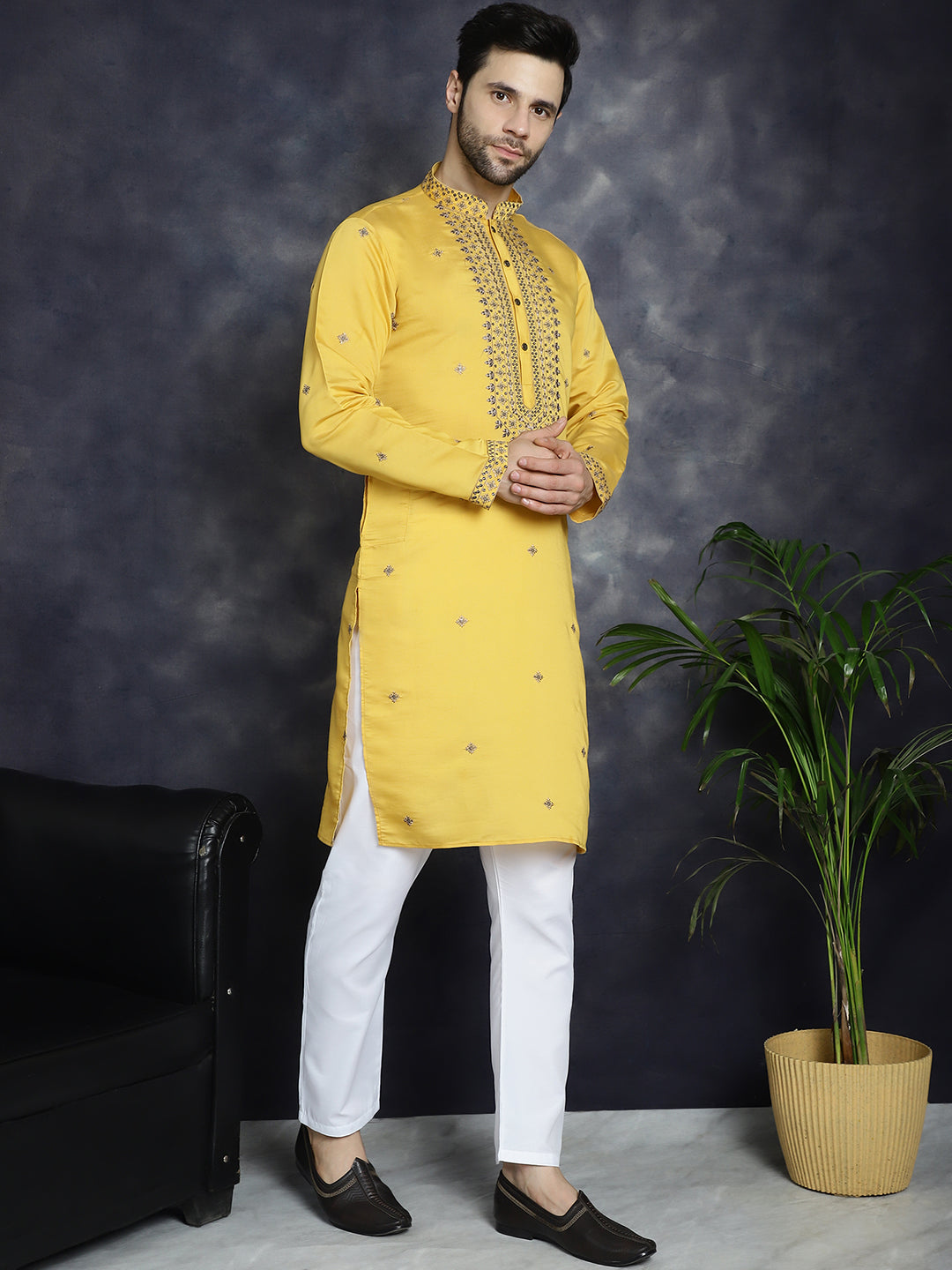 Men's Sequins Embroidered Kurta With Pyjama ( JOKP P 5046Yellow ) [FF] [F-7-9]