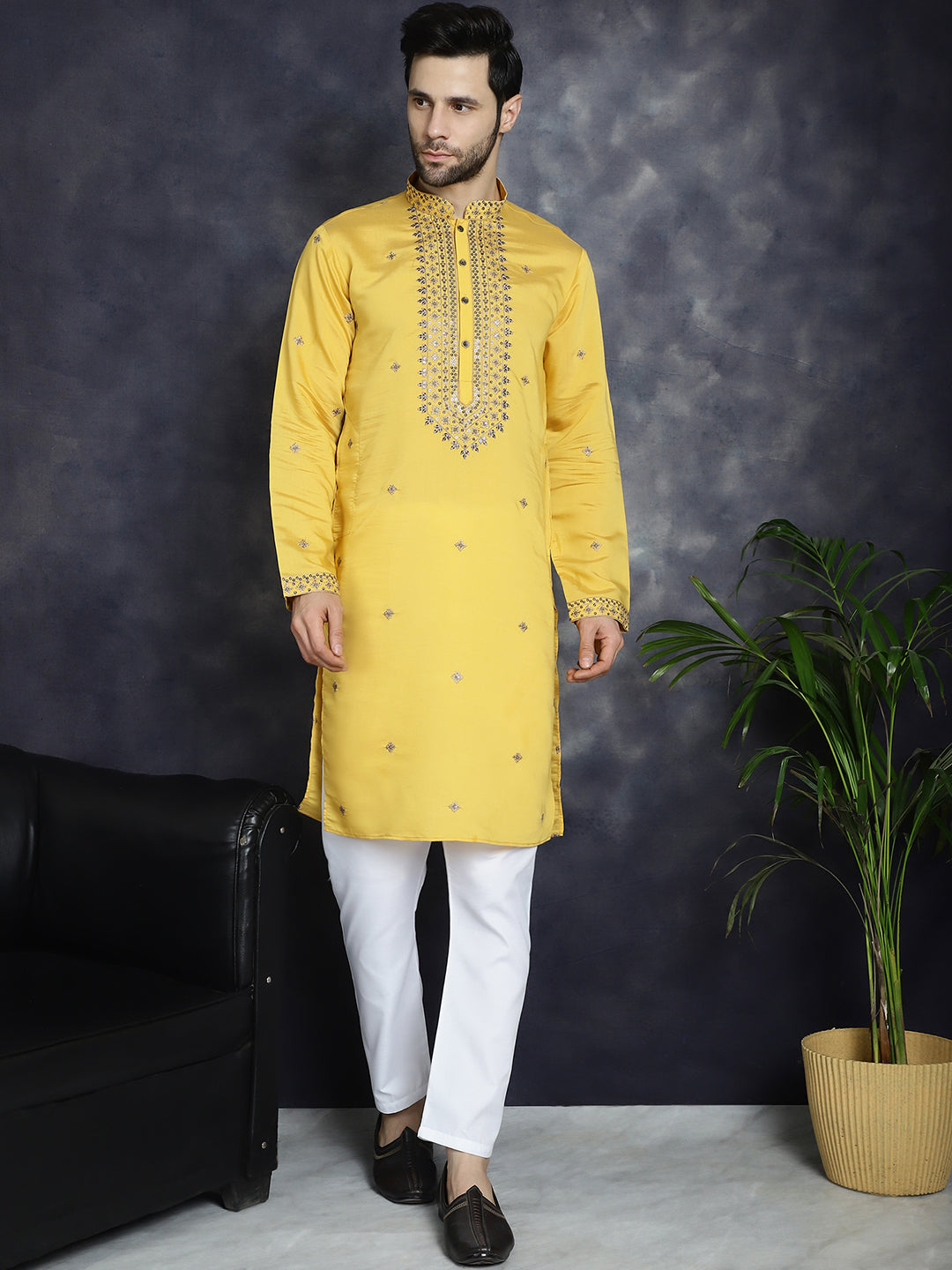 Men's Sequins Embroidered Kurta With Pyjama ( JOKP P 5046Yellow ) [FF] [F-7-9]