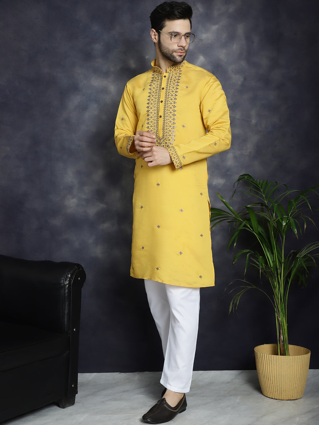Men's Sequins Embroidered Kurta With Pyjama ( JOKP P 5046Yellow ) [FF] [F-7-9]