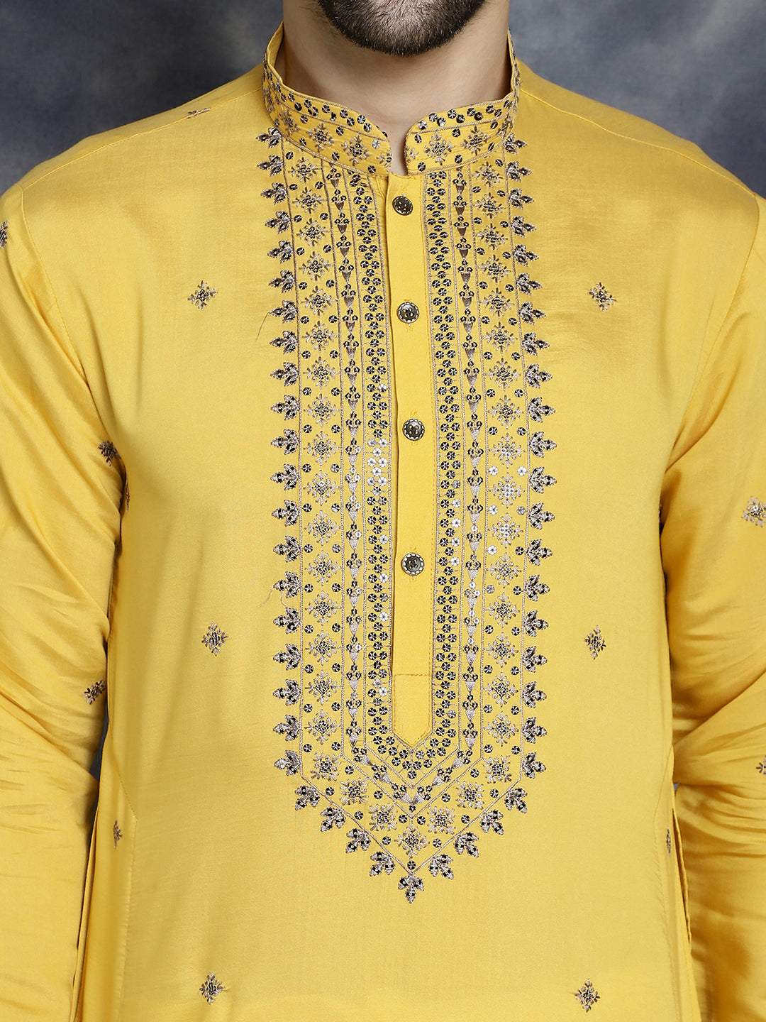 Men's Sequins Embroidered Kurta With Pyjama ( JOKP P 5046Yellow ) [FF] [F-7-9]