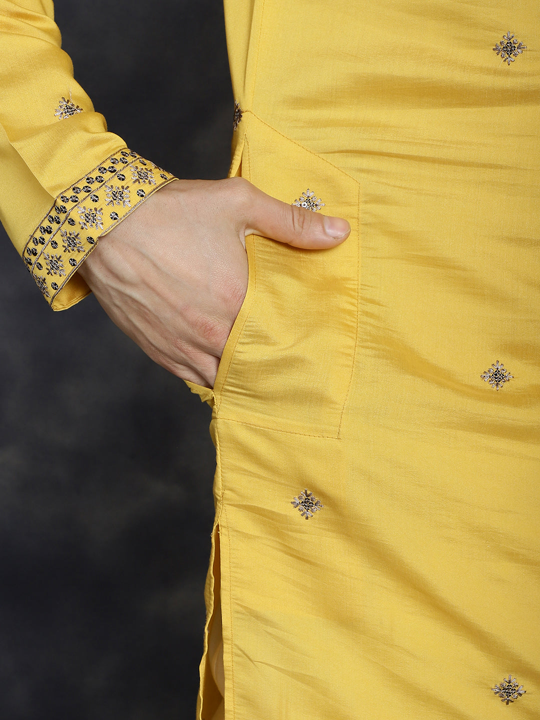 Men's Sequins Embroidered Kurta With Pyjama ( JOKP P 5046Yellow ) [FF] [F-7-9]