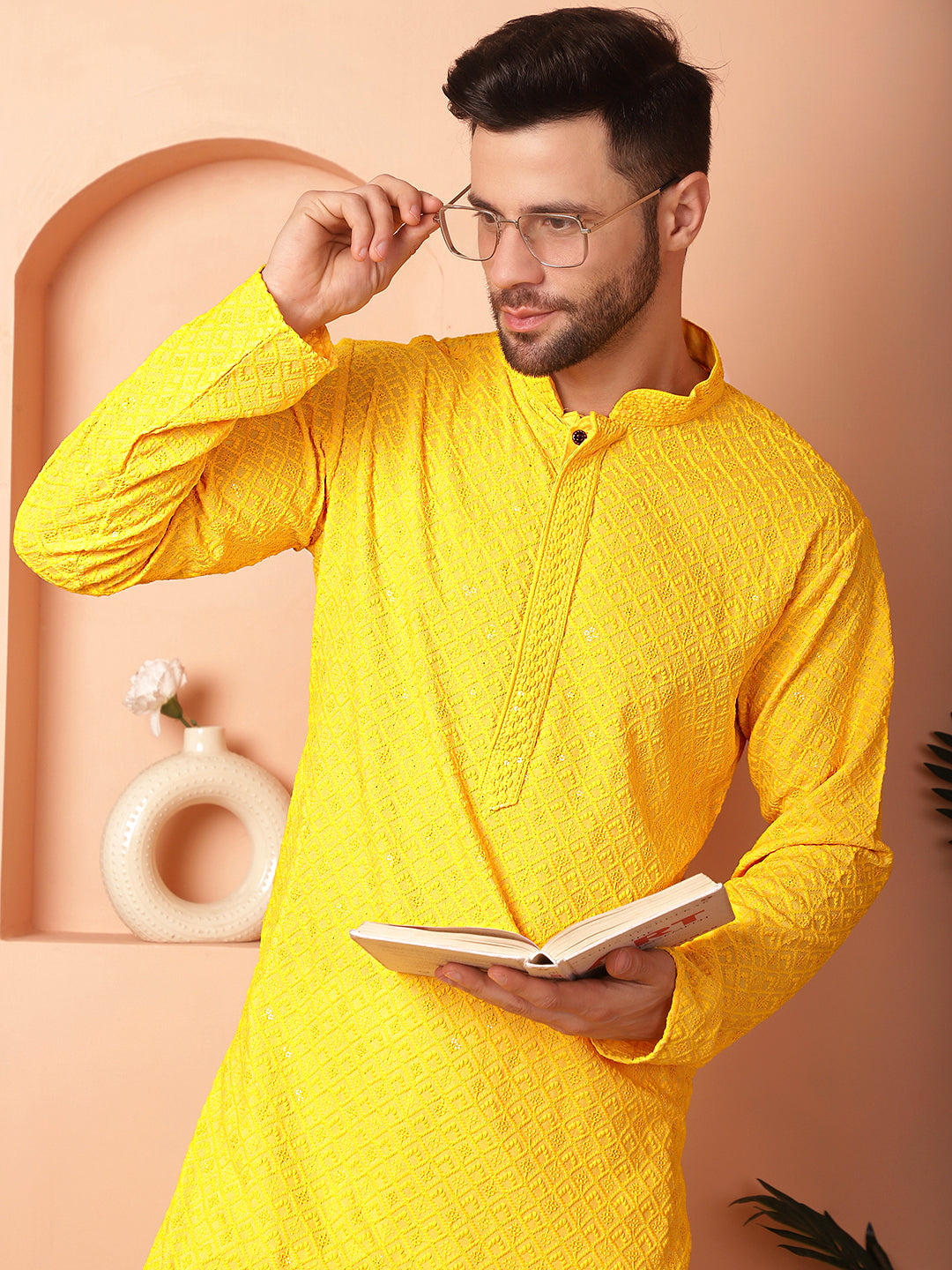 Men's Yellow Embroidered and Sequence Kurta with Pyjama [FF] [P-18-19 & P-14]
