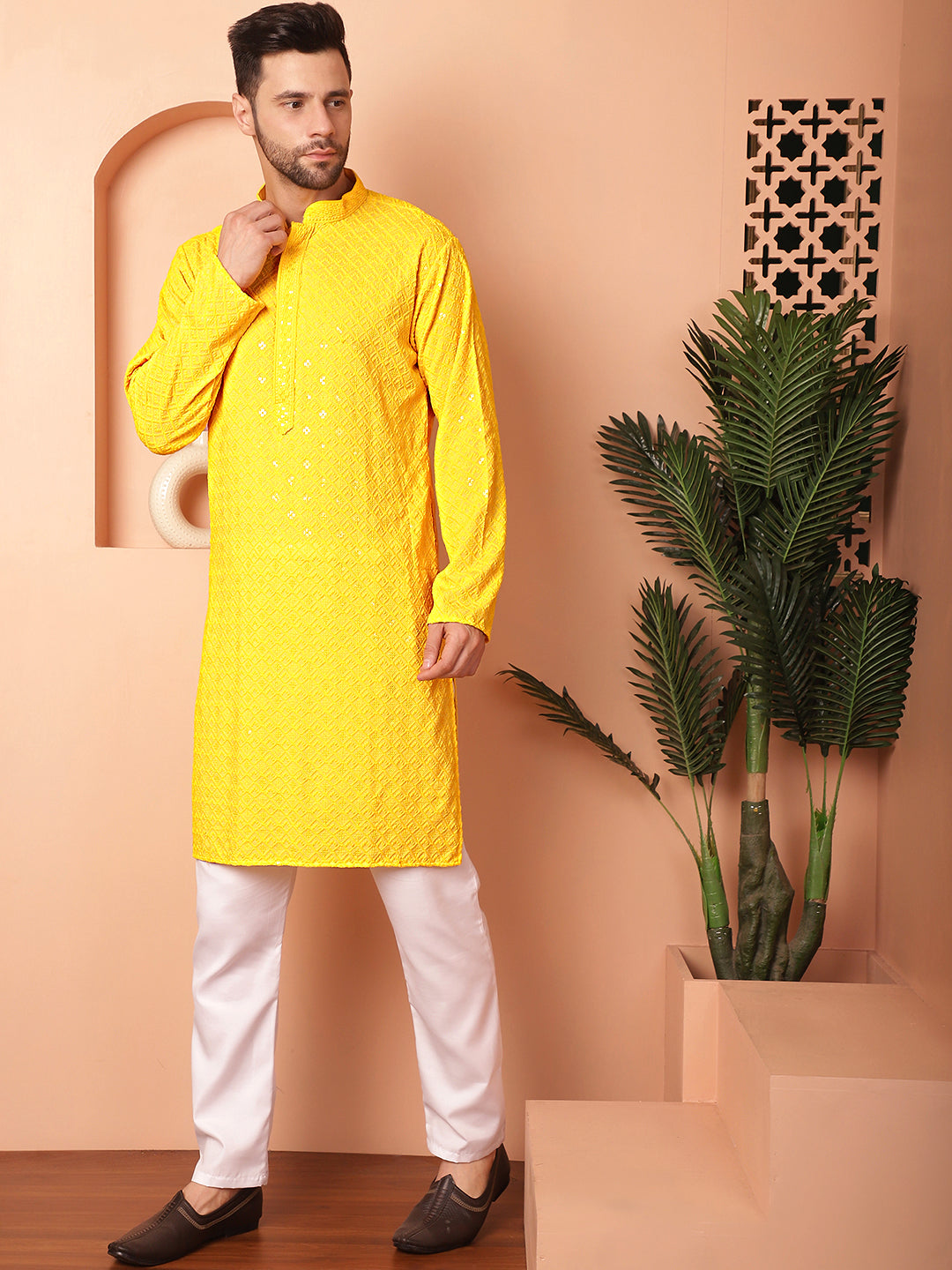Men's Yellow Embroidered and Sequence Kurta with Pyjama [FF] [P-18-19 & P-14]