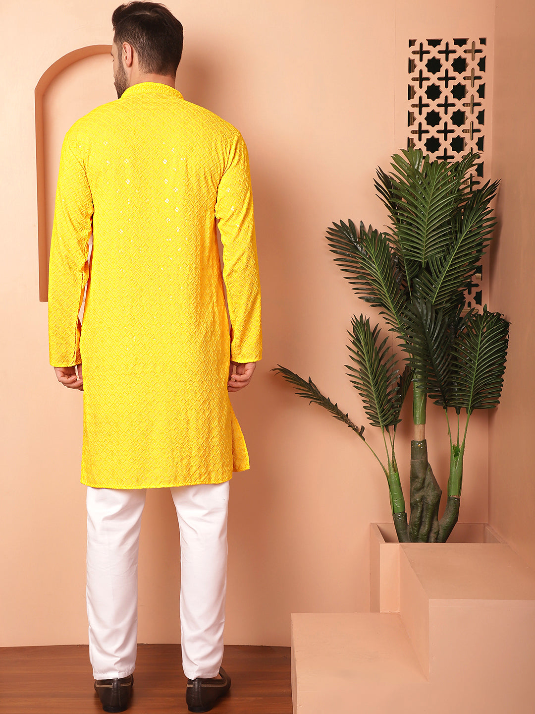 Men's Yellow Embroidered and Sequence Kurta with Pyjama [FF] [P-18-19 & P-14]