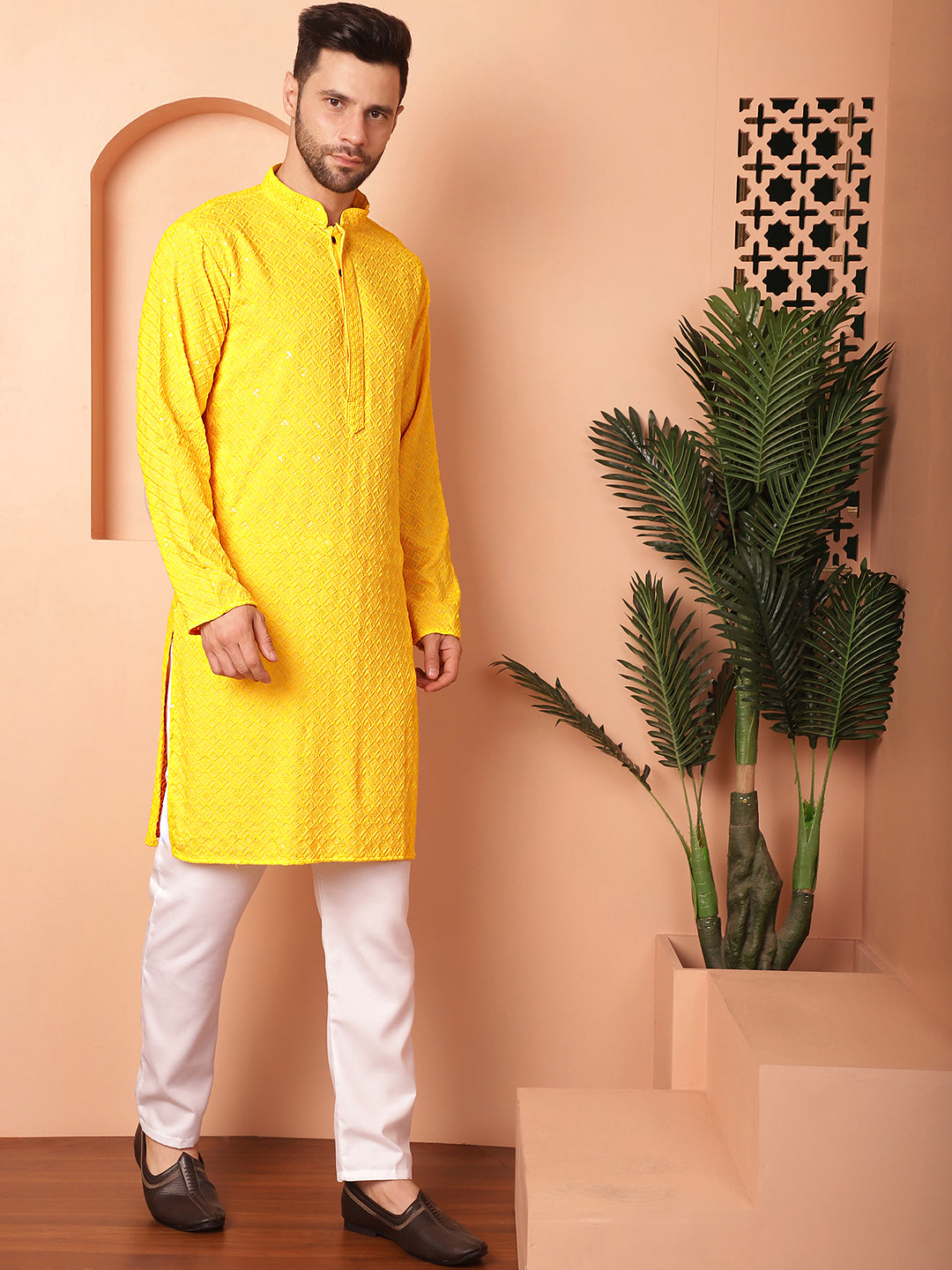 Men's Yellow Embroidered and Sequence Kurta with Pyjama [FF] [P-18-19 & P-14]