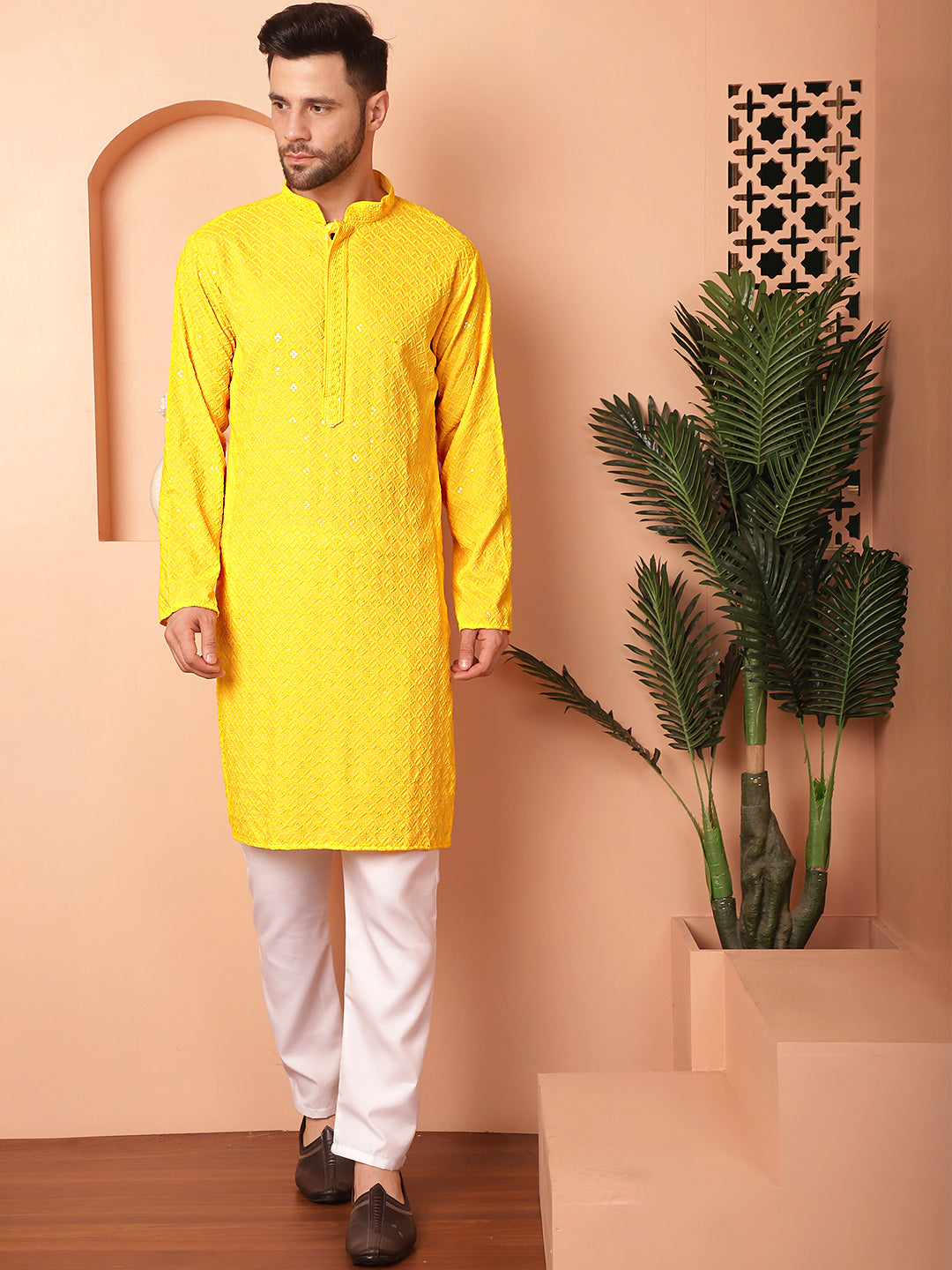 Men's Yellow Embroidered and Sequence Kurta with Pyjama [FF] [P-18-19 & P-14]