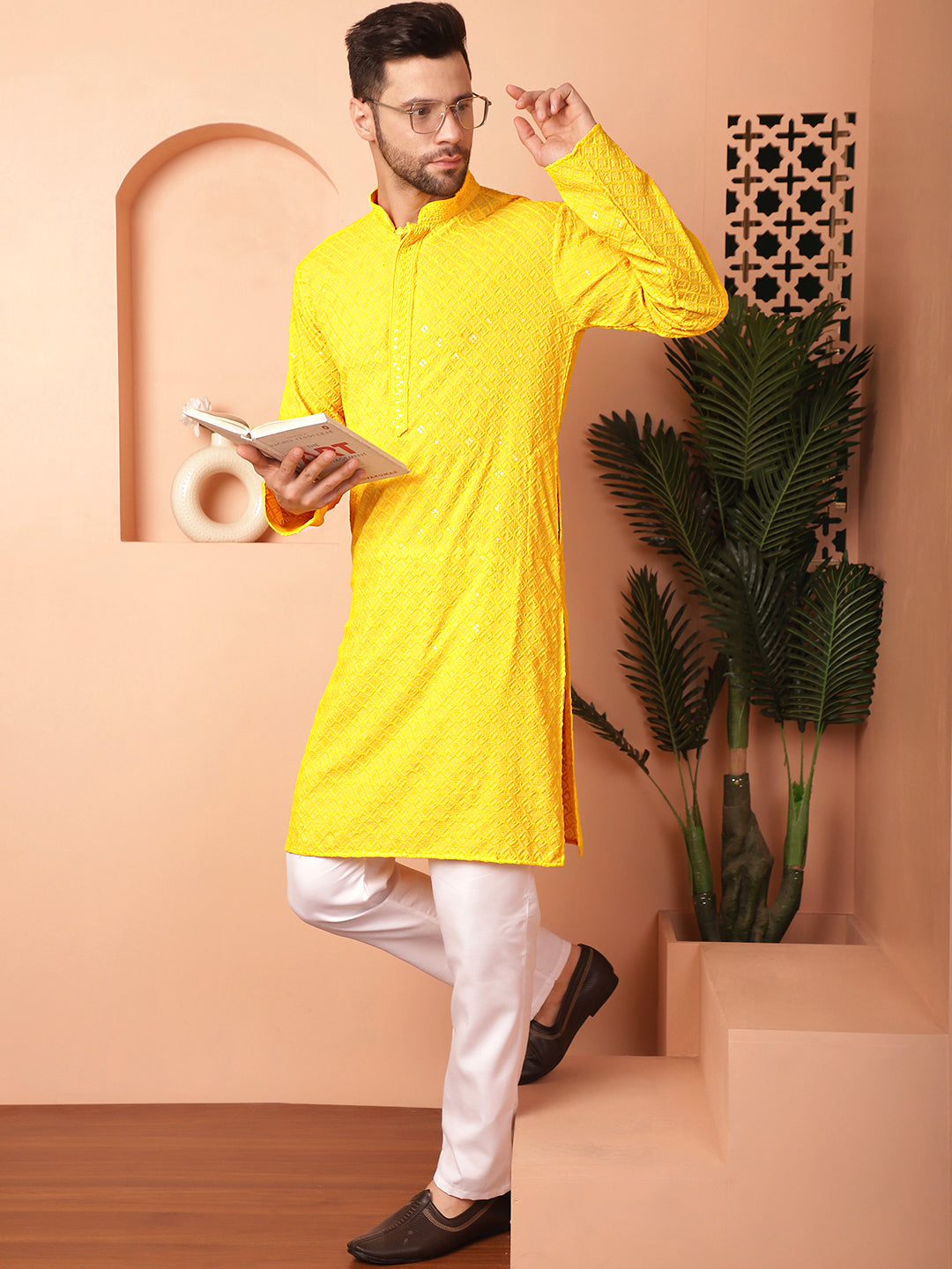 Men's Yellow Embroidered and Sequence Kurta with Pyjama [FF] [P-18-19 & P-14]