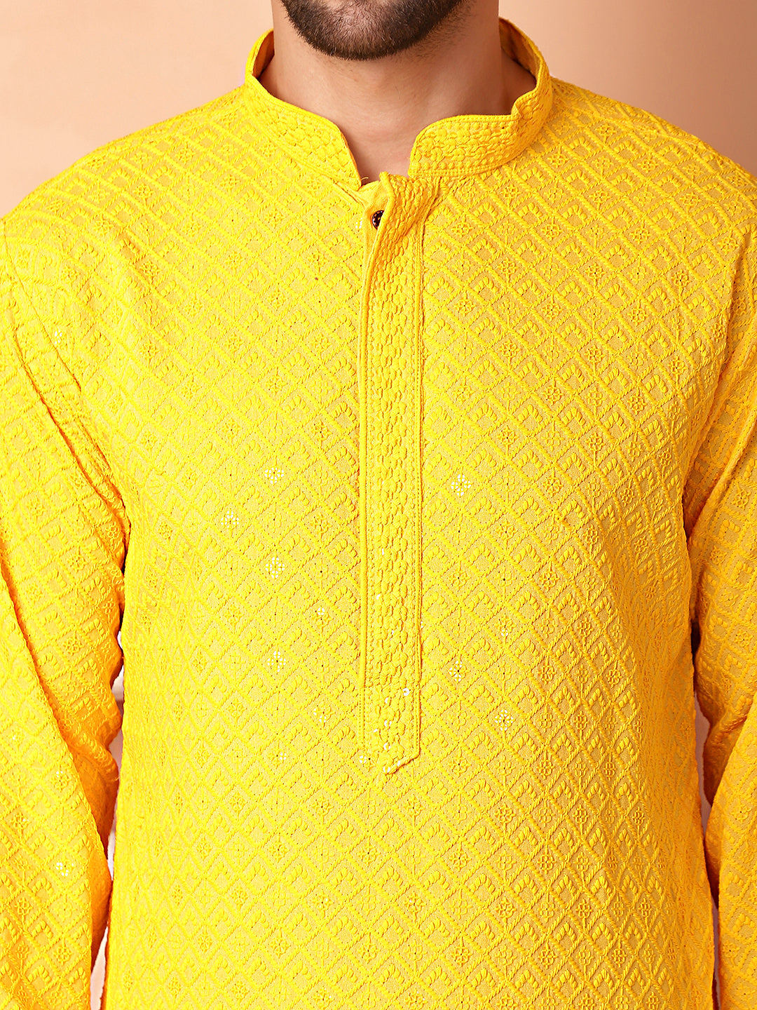 Men's Yellow Embroidered and Sequence Kurta with Pyjama [FF] [P-18-19 & P-14]