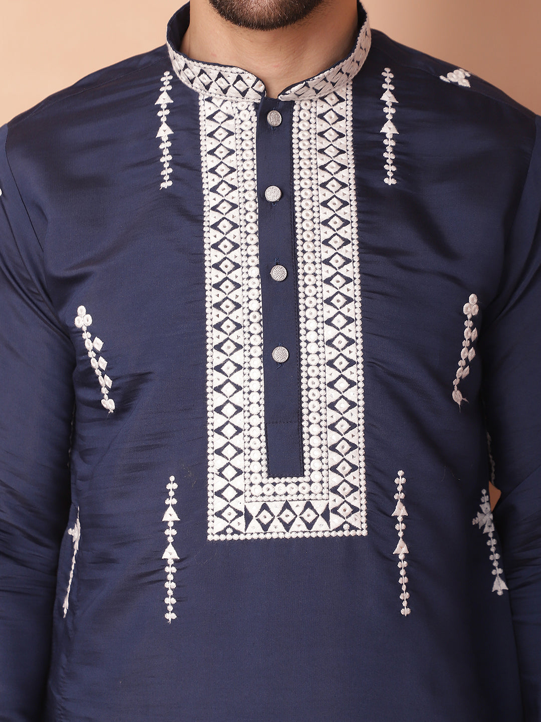 Men's Collar Chikankari Embroidered Kurta With Pyjama