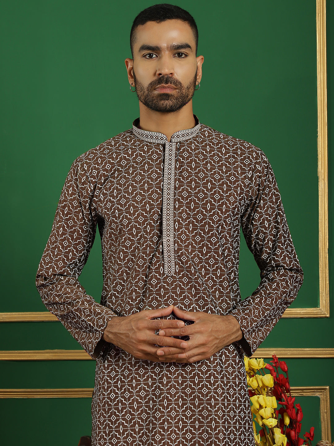 Men's Geometric Printed Kurta with Pyjama ( JOKP P 5060 Brown )