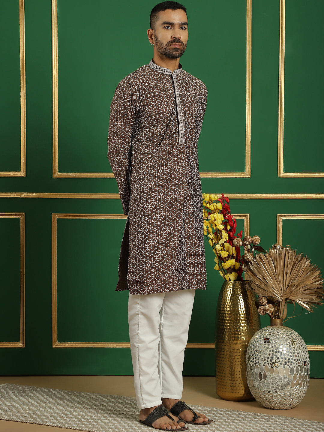 Men's Geometric Printed Kurta with Pyjama ( JOKP P 5060 Brown )