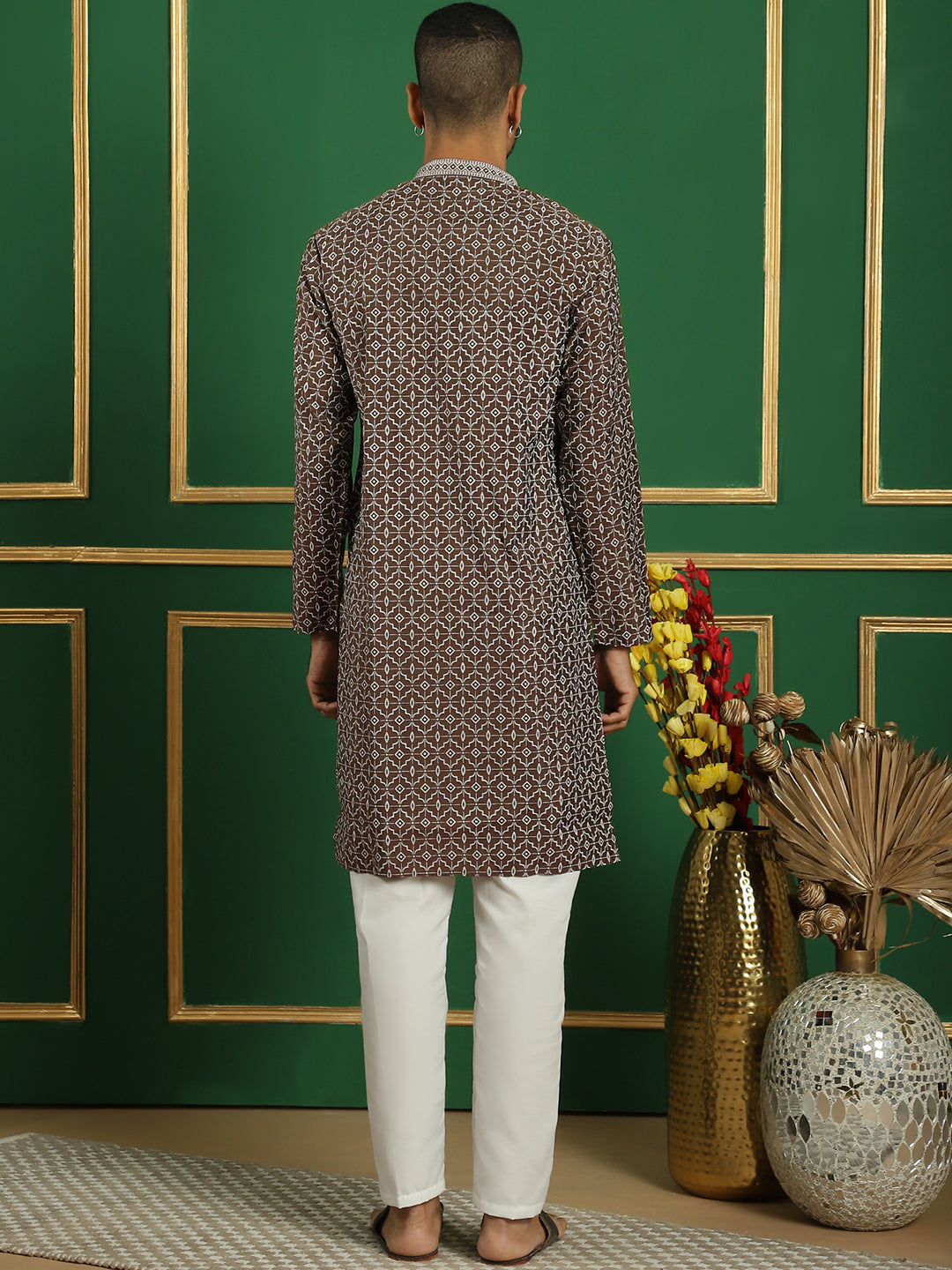Men's Geometric Printed Kurta with Pyjama ( JOKP P 5060 Brown )
