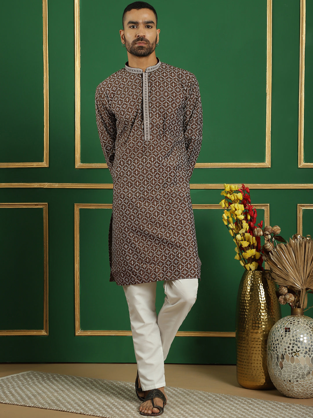 Men's Geometric Printed Kurta with Pyjama ( JOKP P 5060 Brown )