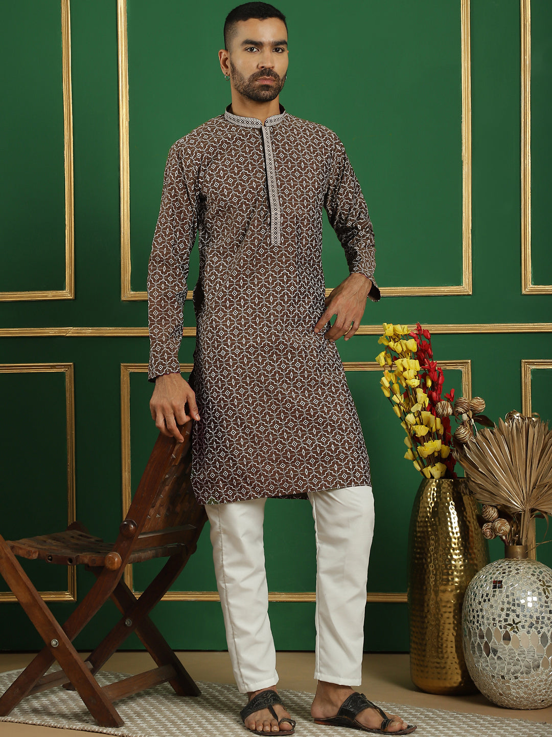 Men's Geometric Printed Kurta with Pyjama ( JOKP P 5060 Brown )
