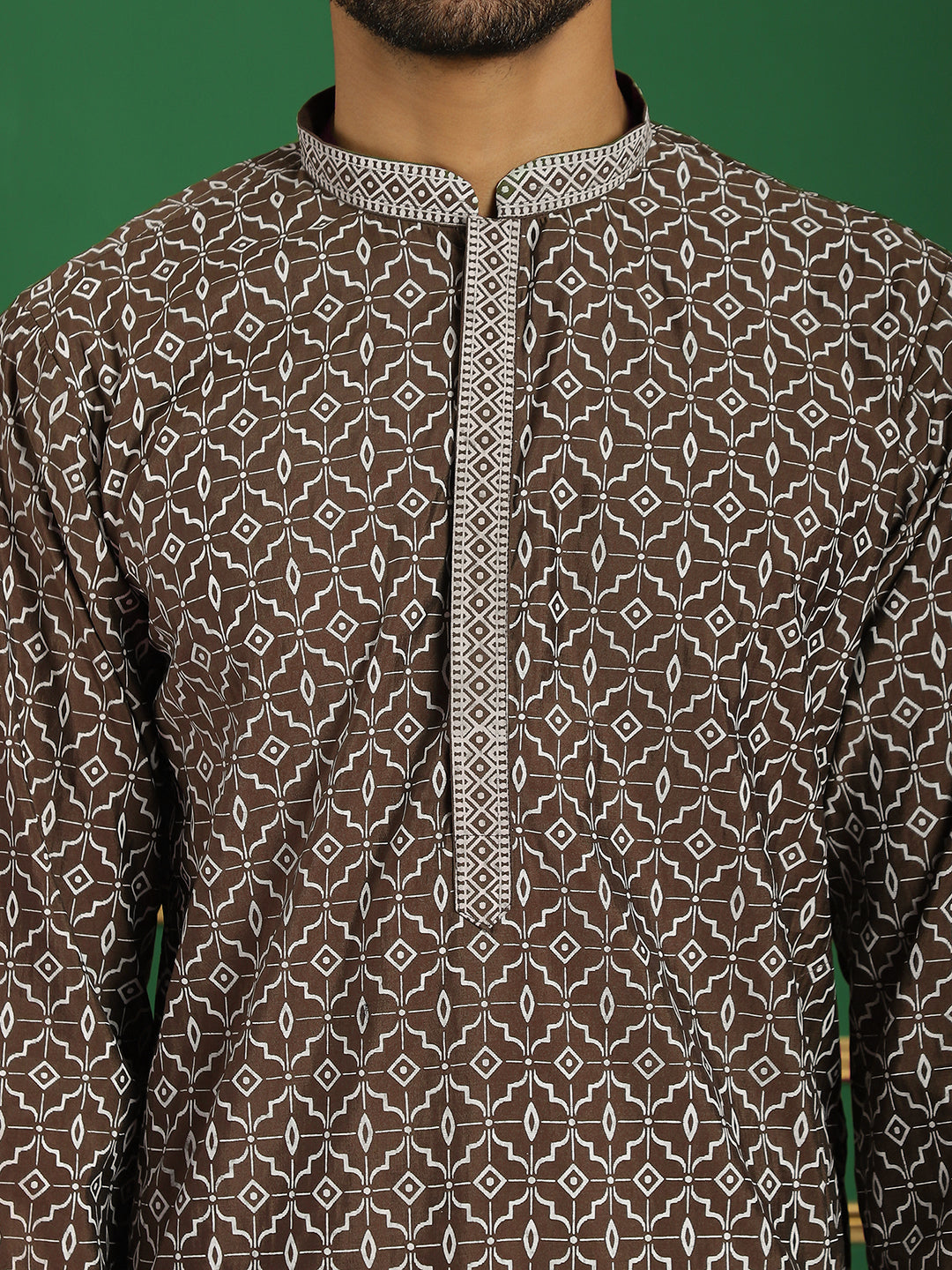 Men's Geometric Printed Kurta with Pyjama ( JOKP P 5060 Brown )
