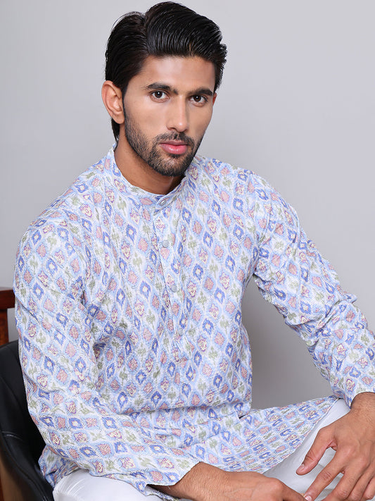 Men's Printed and Embroidered Kurta Pyjama Set ( NJOKP P 5065Blue )