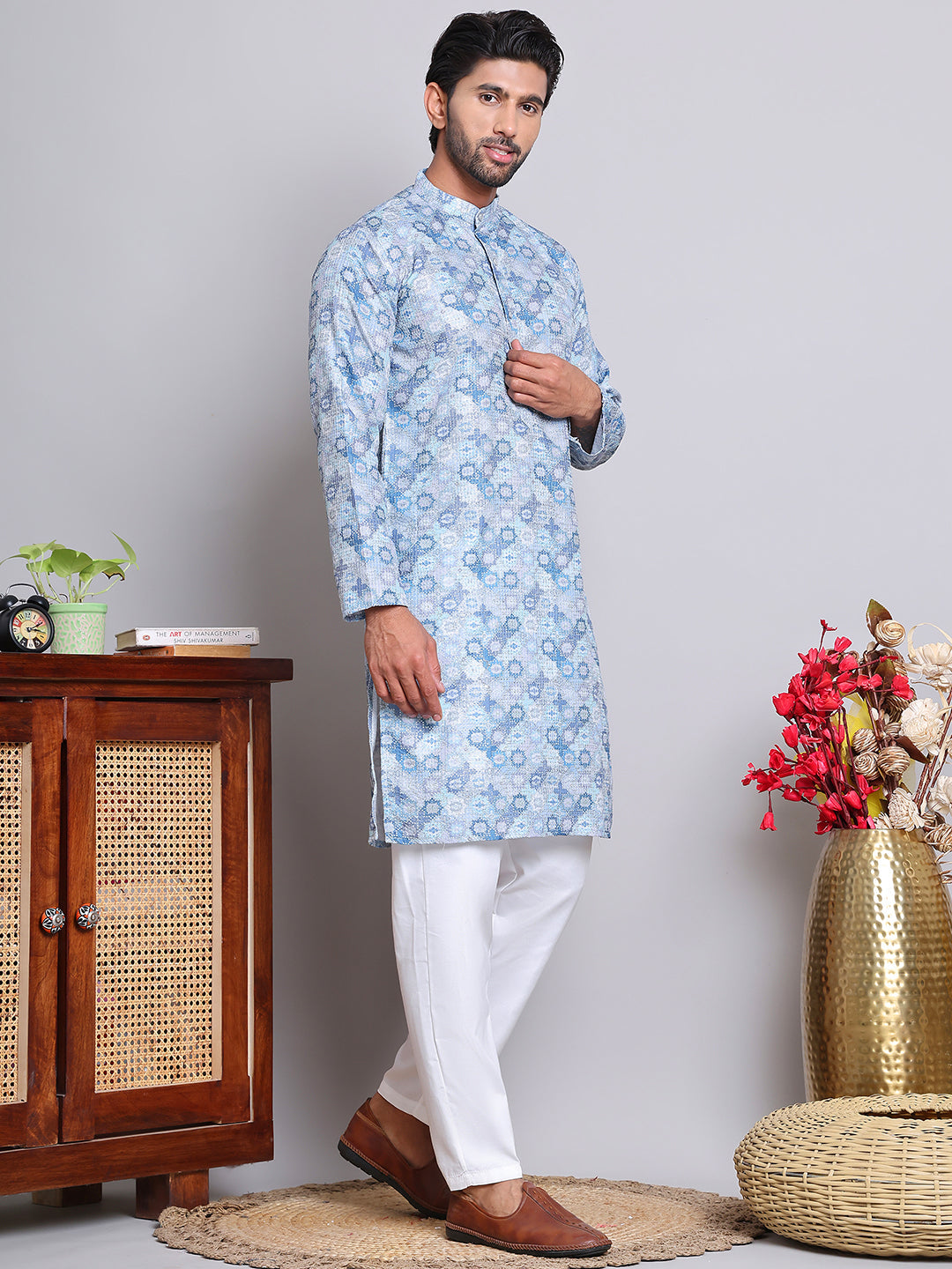 Men's Printed and Embroidered Kurta Pyjama Set ( NJOKP P 5065Grey )