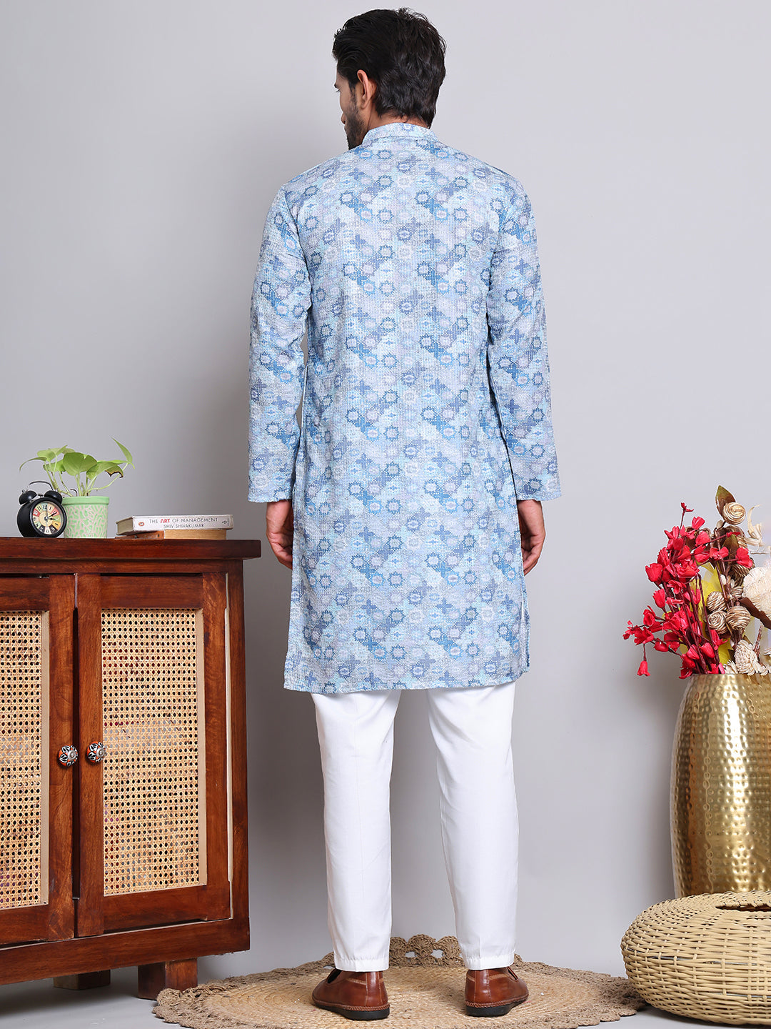 Men's Printed and Embroidered Kurta Pyjama Set ( NJOKP P 5065Grey )