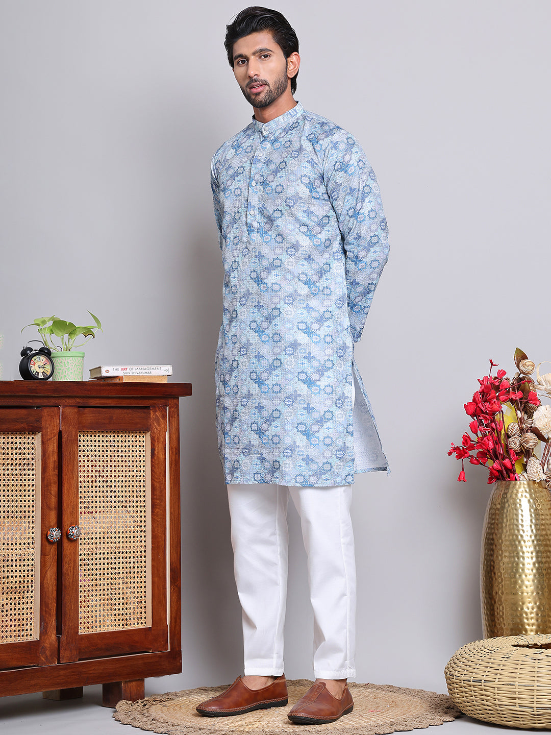 Men's Printed and Embroidered Kurta Pyjama Set ( NJOKP P 5065Grey )