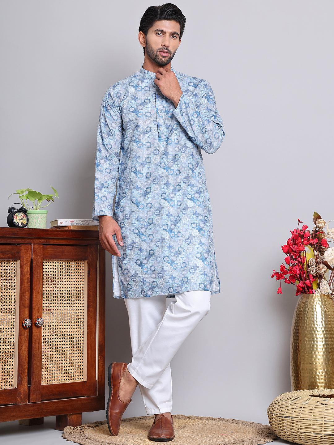Men's Printed and Embroidered Kurta Pyjama Set ( NJOKP P 5065Grey )