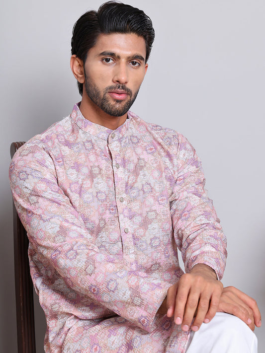 Men's Printed and Embroidered Kurta Pyjama Set ( NJOKP P 5065Purple )