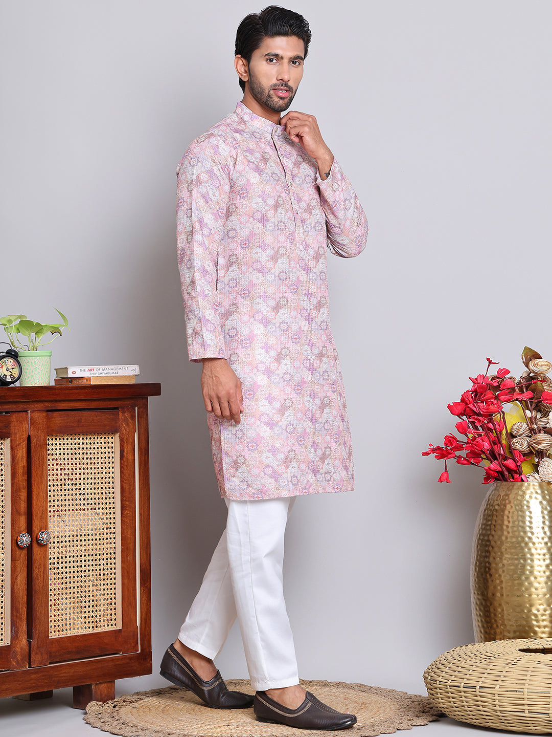 Men's Printed and Embroidered Kurta Pyjama Set ( NJOKP P 5065Purple )
