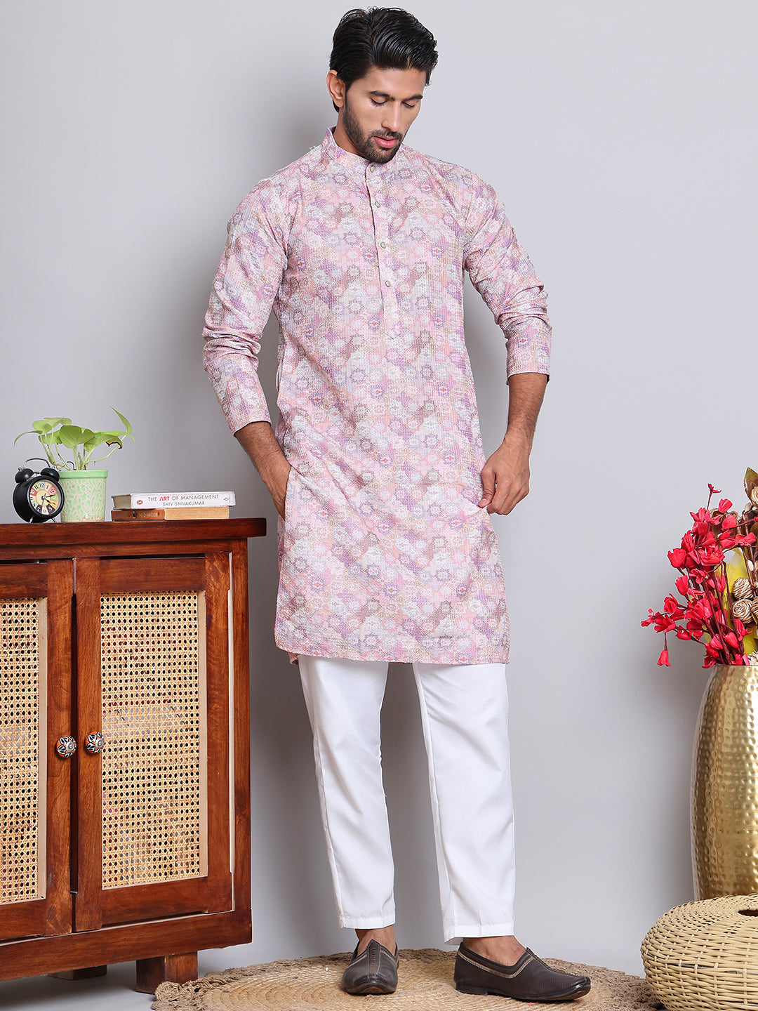 Men's Printed and Embroidered Kurta Pyjama Set ( NJOKP P 5065Purple )