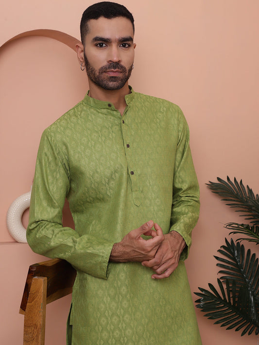 Men Green Woven Design Cotton Kurta Pyjama Set