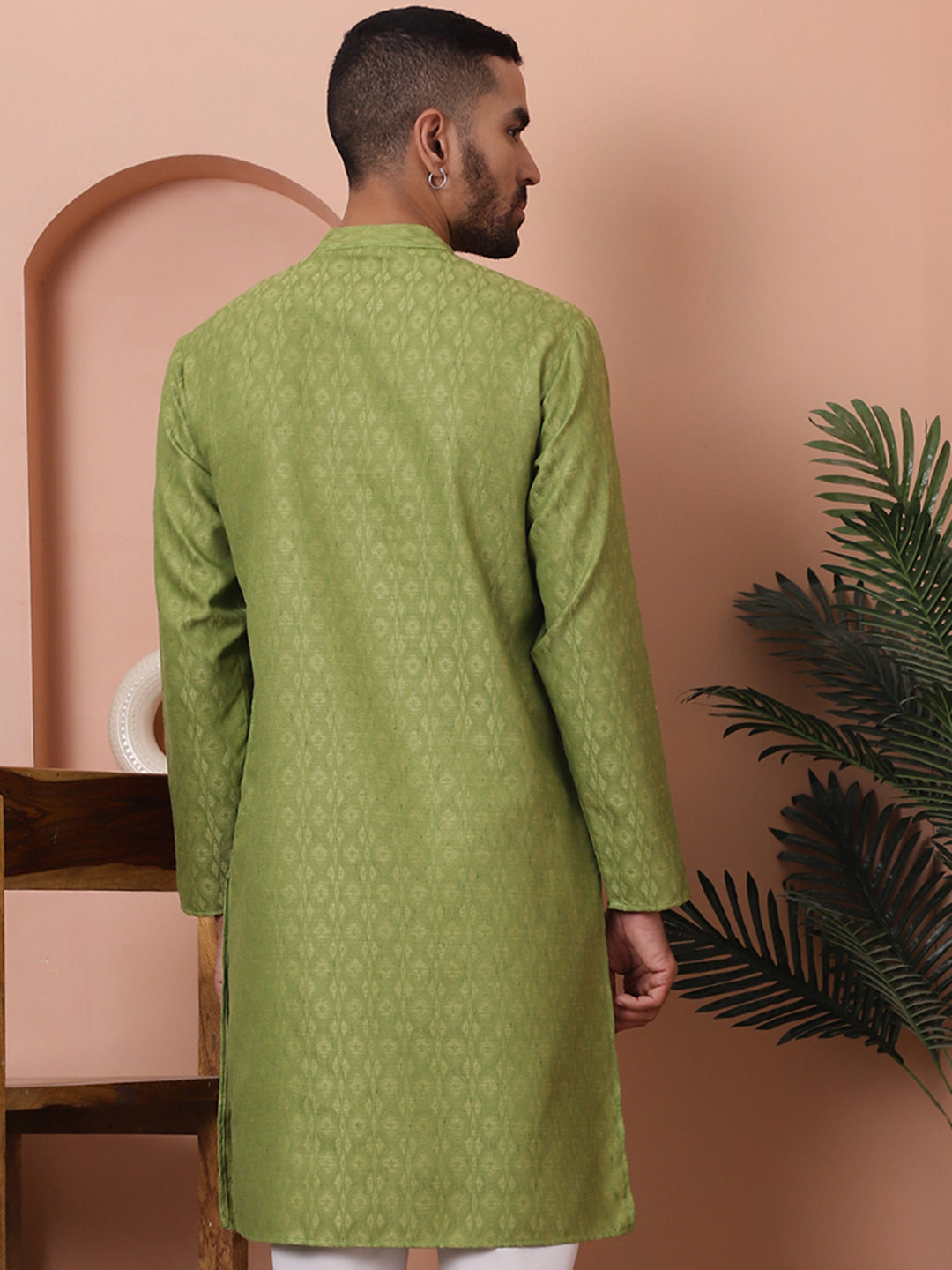 Men Green Woven Design Cotton Kurtas