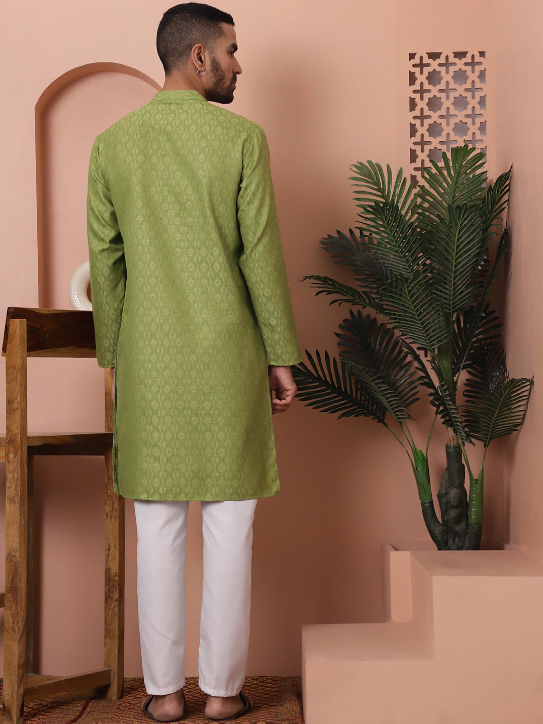 Men Green Woven Design Cotton Kurta Pyjama Set