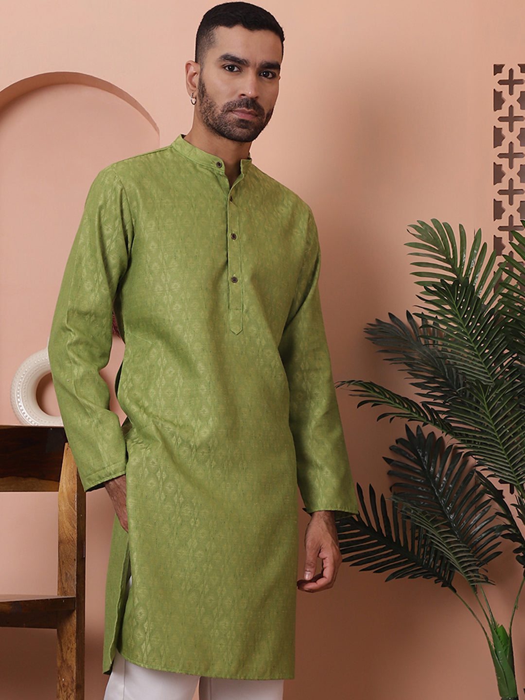Men Green Woven Design Cotton Kurtas