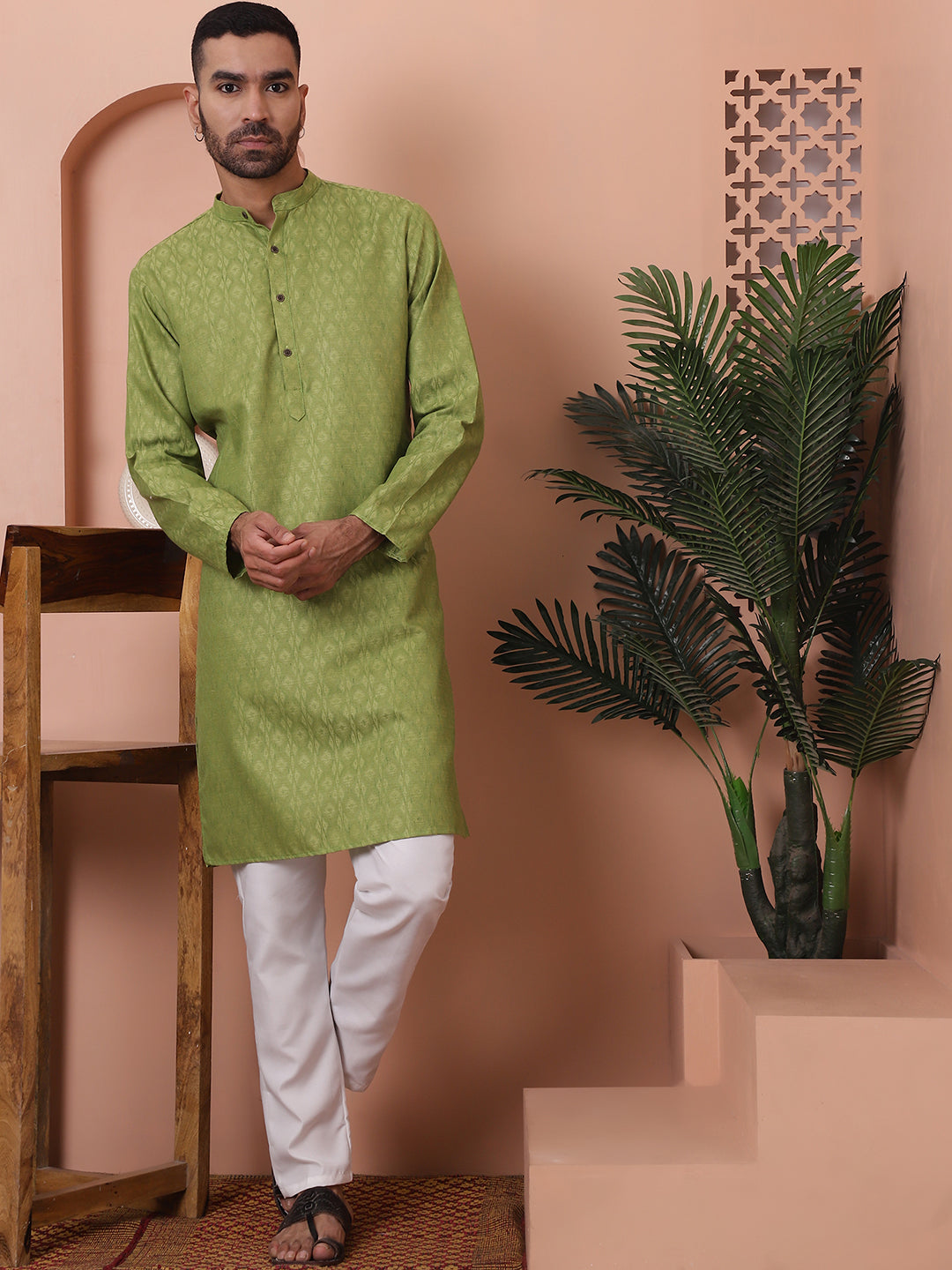 Men Green Woven Design Cotton Kurtas