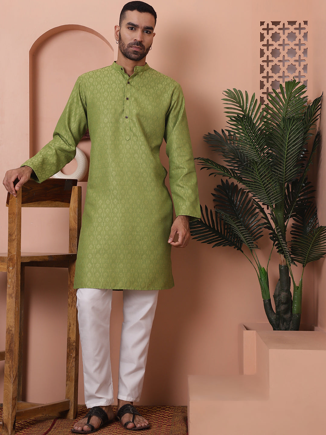 Men Green Woven Design Cotton Kurtas