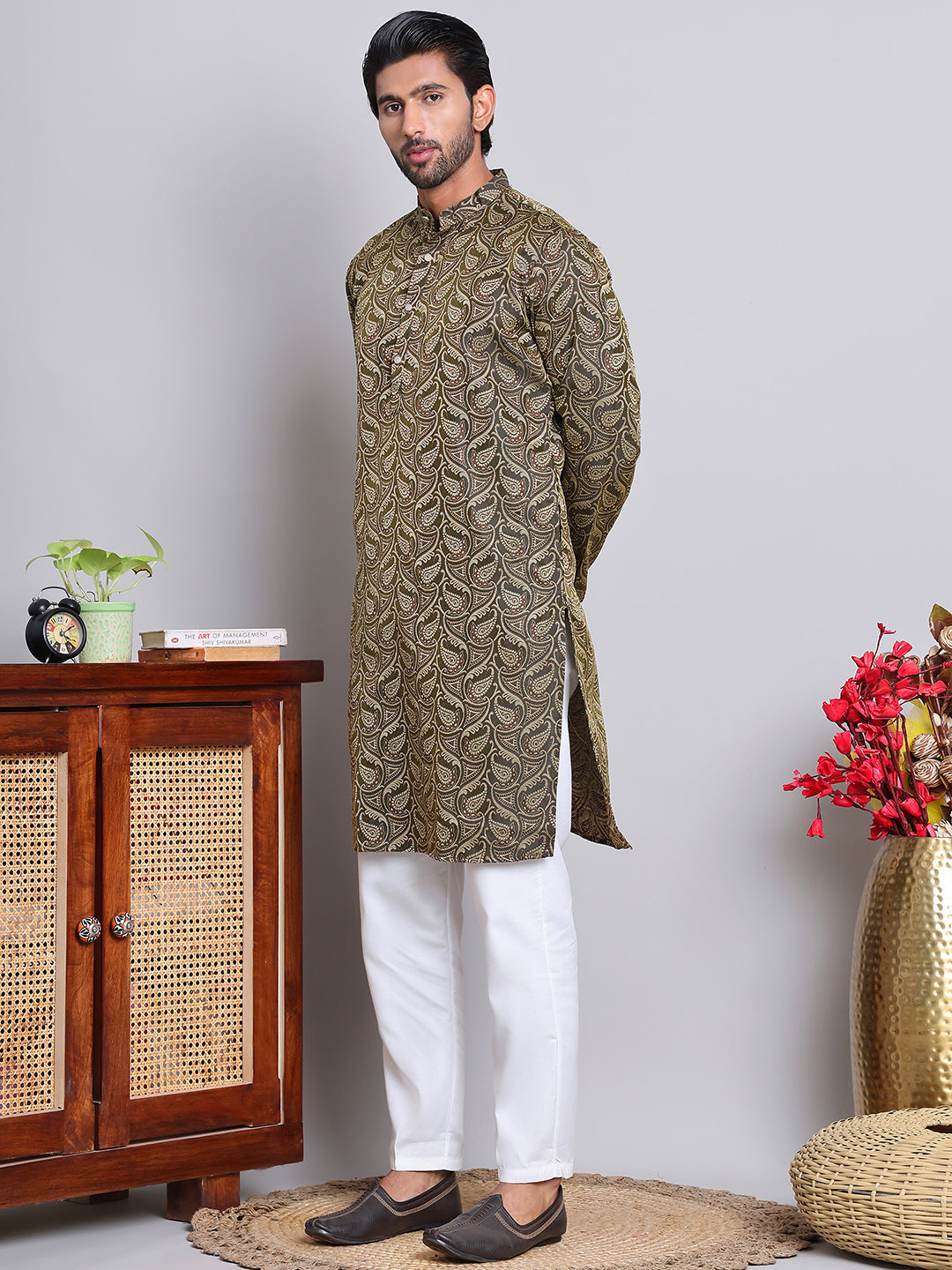 Men Black Silk Blend Straight Kurta Pyjama Set ( JOKP 5071Black )