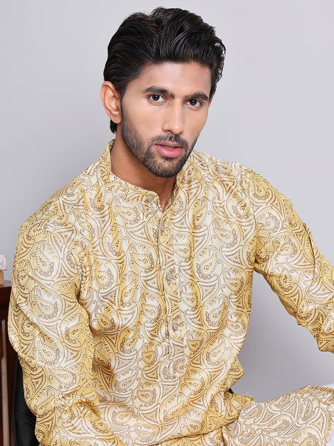 Men Golden Silk Blend Straight Kurta Pyjama Set ( JOKP 5071Golden )
