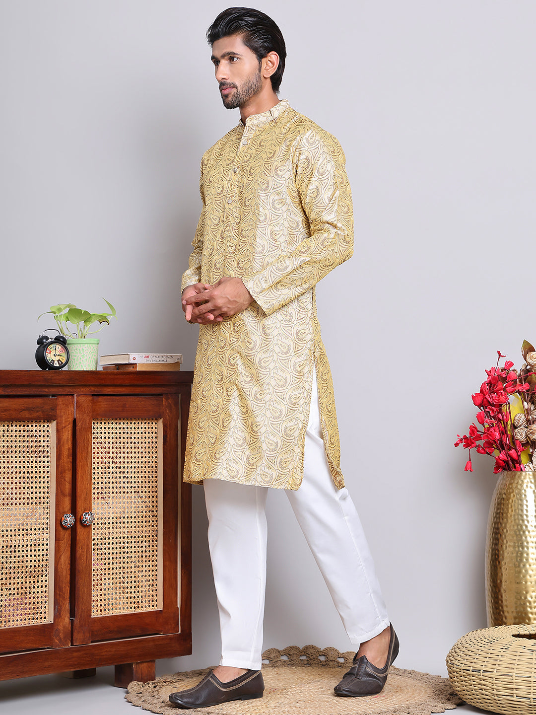 Men Golden Silk Blend Straight Kurta Pyjama Set ( JOKP 5071Golden )