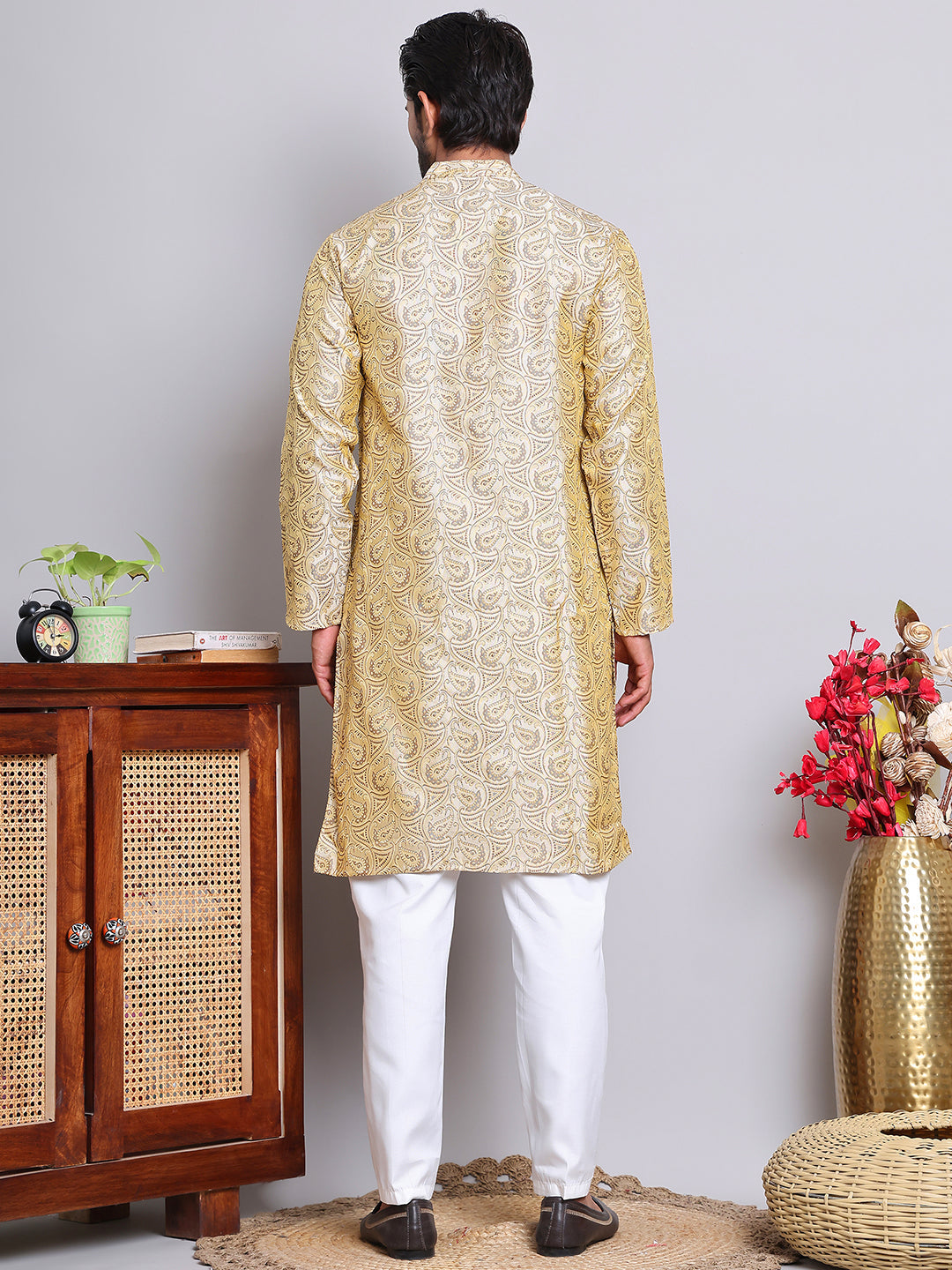 Men Golden Silk Blend Straight Kurta Pyjama Set ( JOKP 5071Golden )