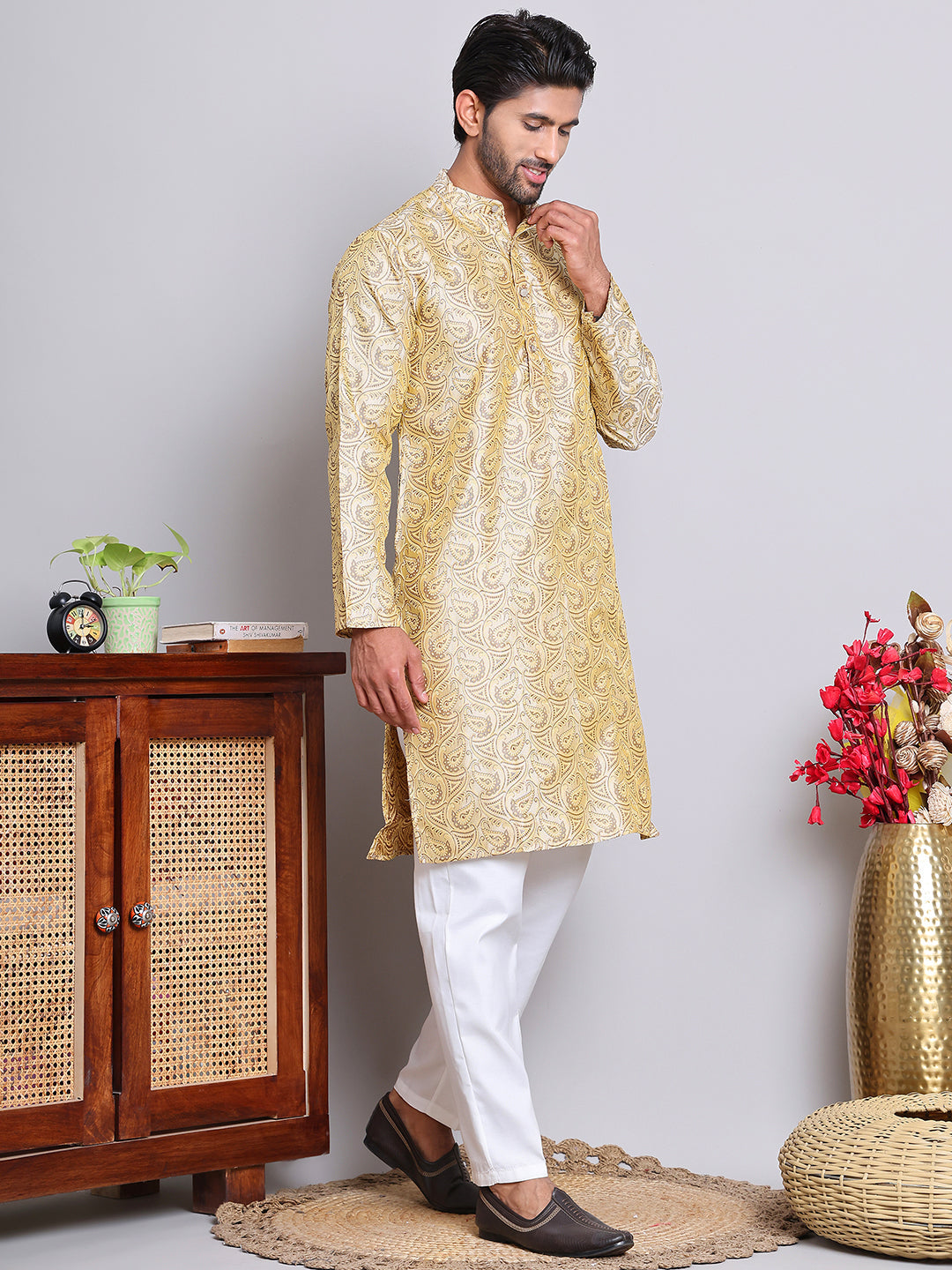 Men Golden Silk Blend Straight Kurta Pyjama Set ( JOKP 5071Golden )