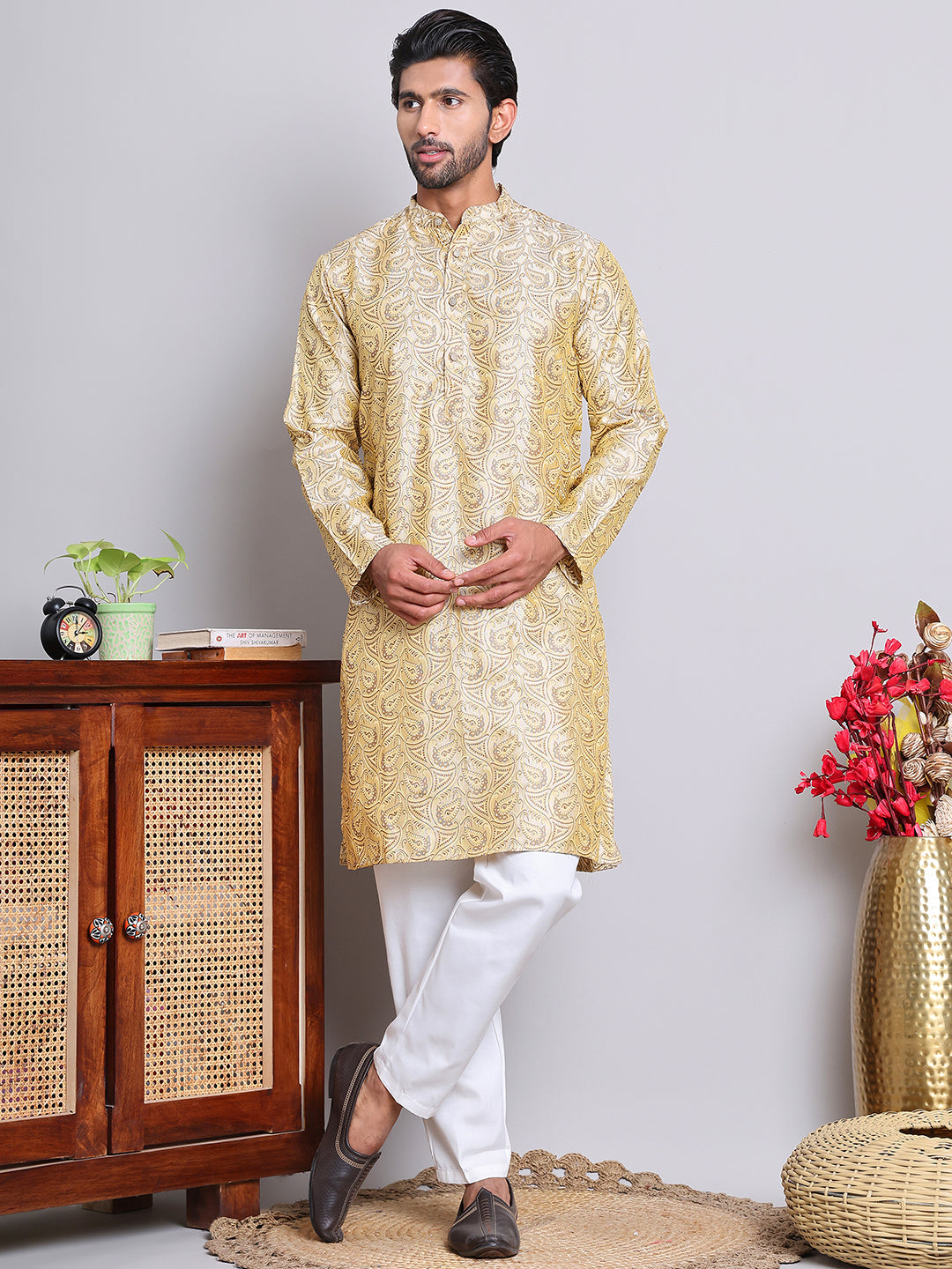Men Golden Silk Blend Straight Kurta Pyjama Set ( JOKP 5071Golden )