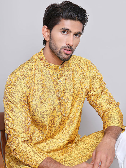 Men Yellow Silk Blend Straight Kurta Pyjama Set ( JOKP 5071Yellow )