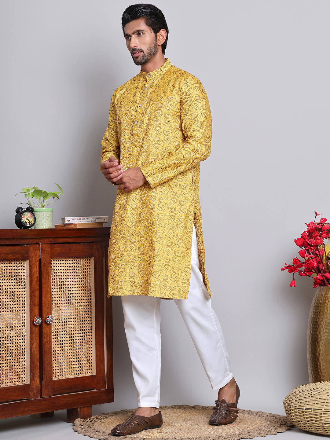 Men Yellow Silk Blend Straight Kurta Pyjama Set ( JOKP 5071Yellow )