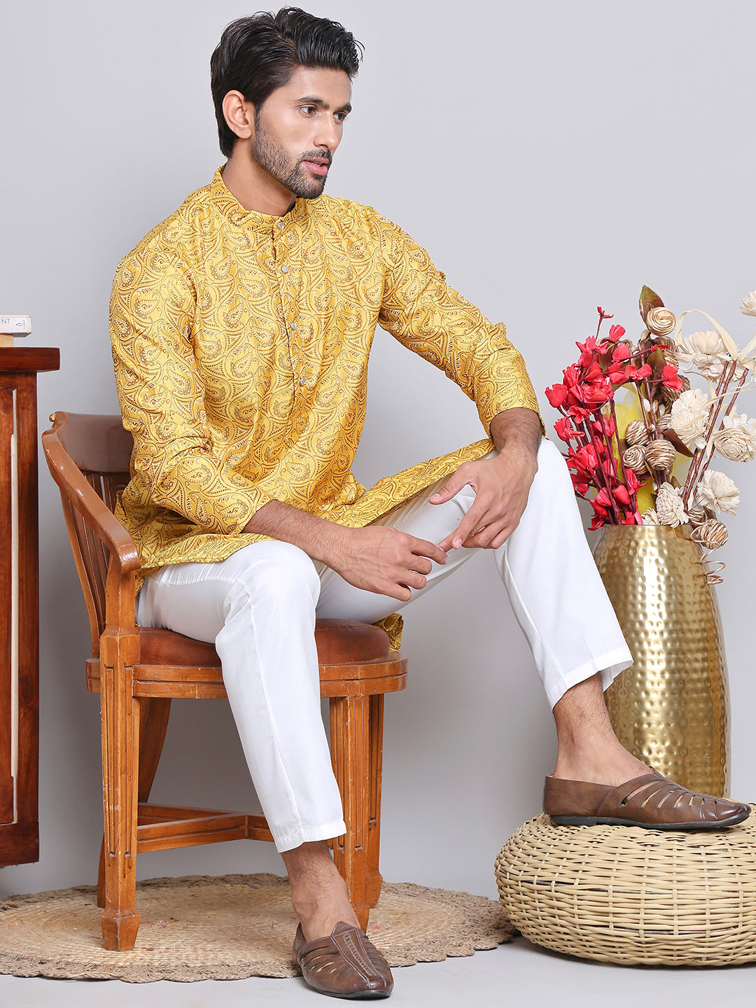 Men Yellow Silk Blend Straight Kurta Pyjama Set ( JOKP 5071Yellow )