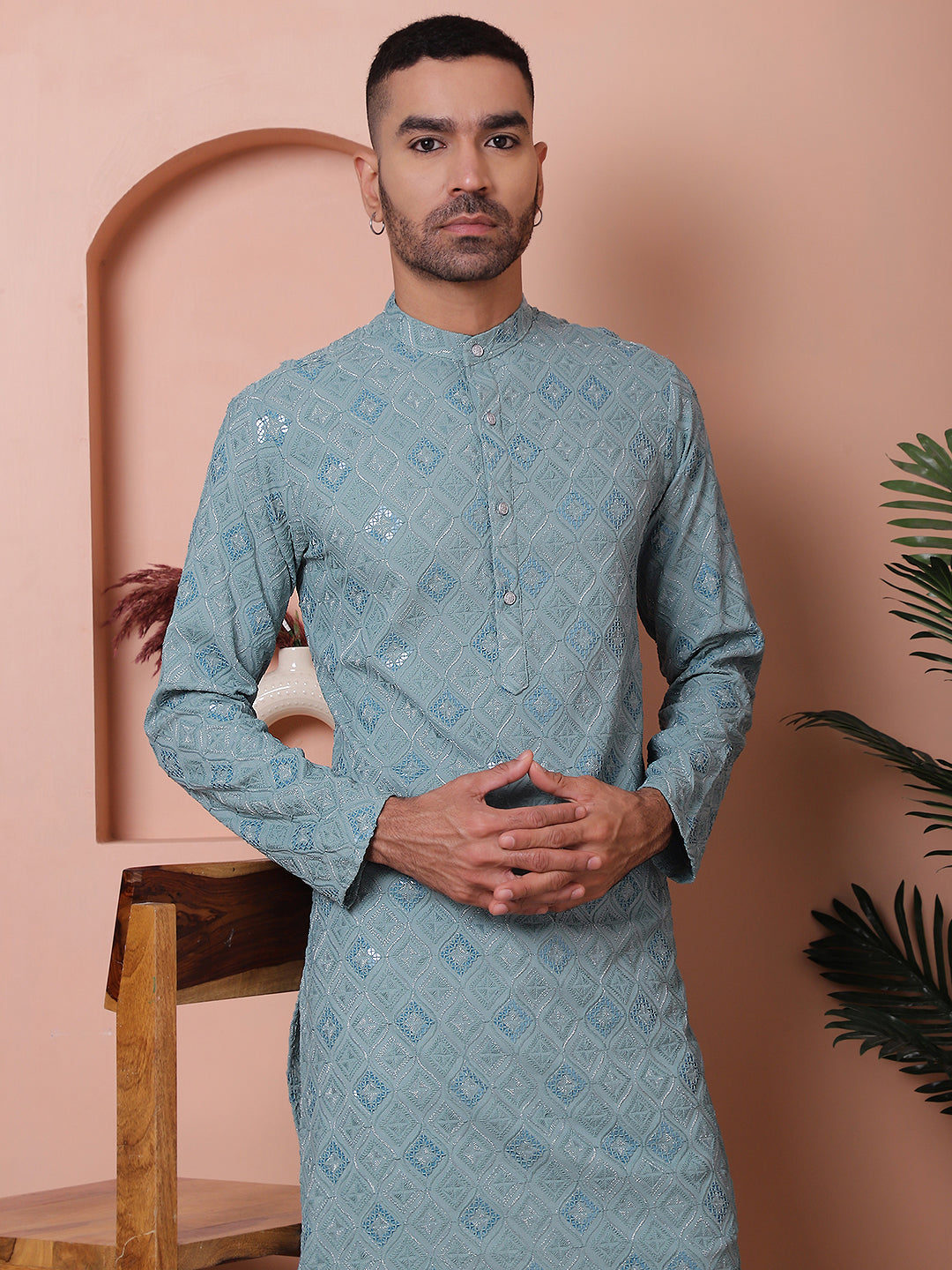 Men's Sequins and Embroidered Kurta with Pyjama