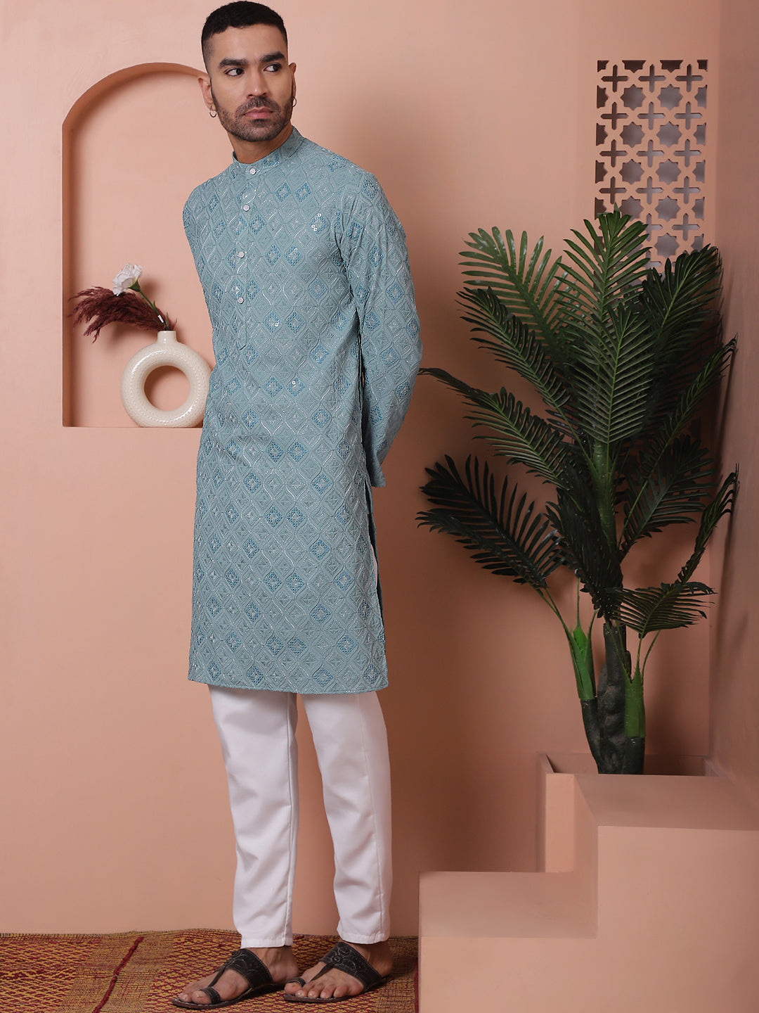 Men's Sequins and Embroidered Kurta with Pyjama