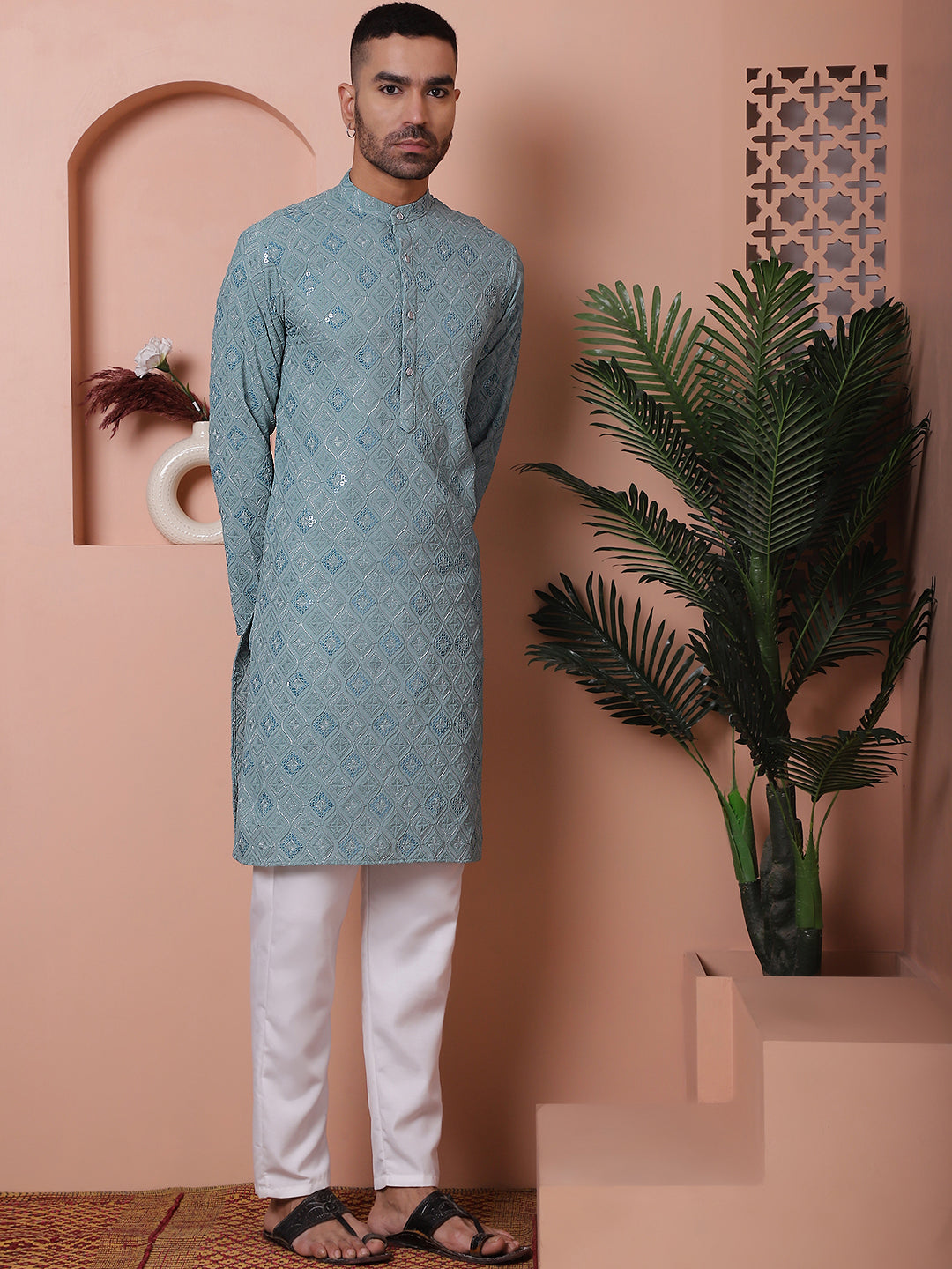 Men's Sequins and Embroidered Kurta with Pyjama