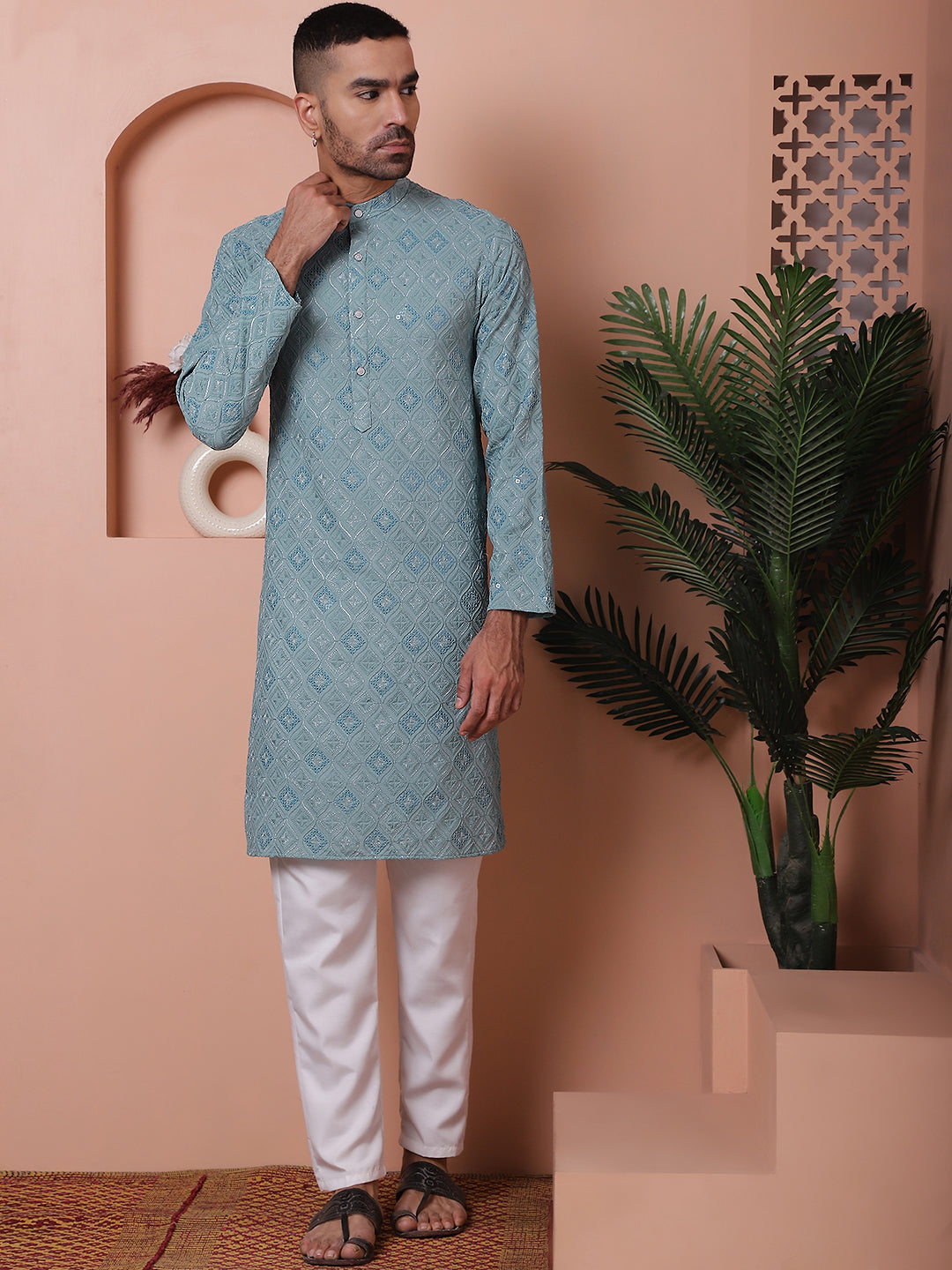 Men's Sequins and Embroidered Kurta with Pyjama